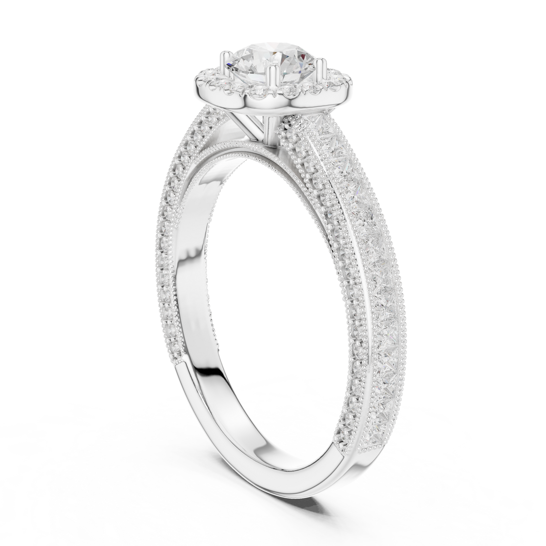 Stunning Round Halo Ring with Intricate Milgrain & Side Diamonds