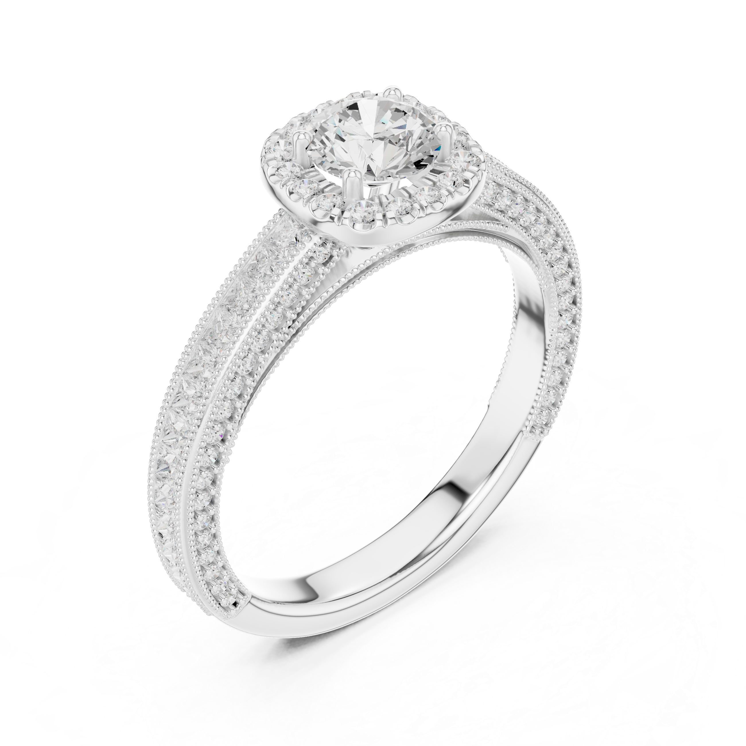 Stunning Round Halo Ring with Intricate Milgrain & Side Diamonds