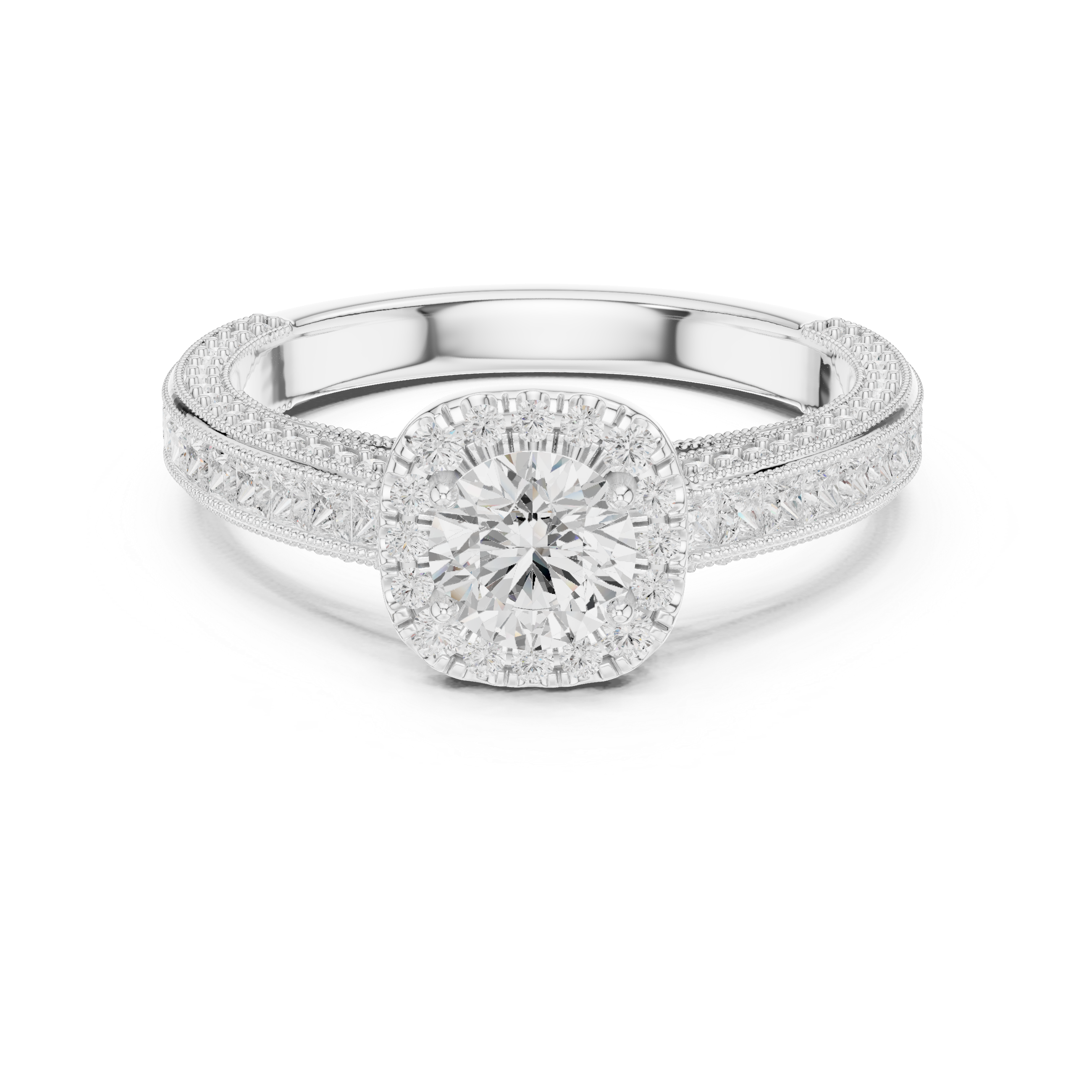 Stunning Round Halo Ring with Intricate Milgrain & Side Diamonds
