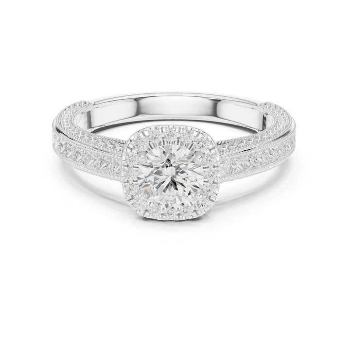 Stunning Round Halo Ring with Intricate Milgrain & Side Diamonds