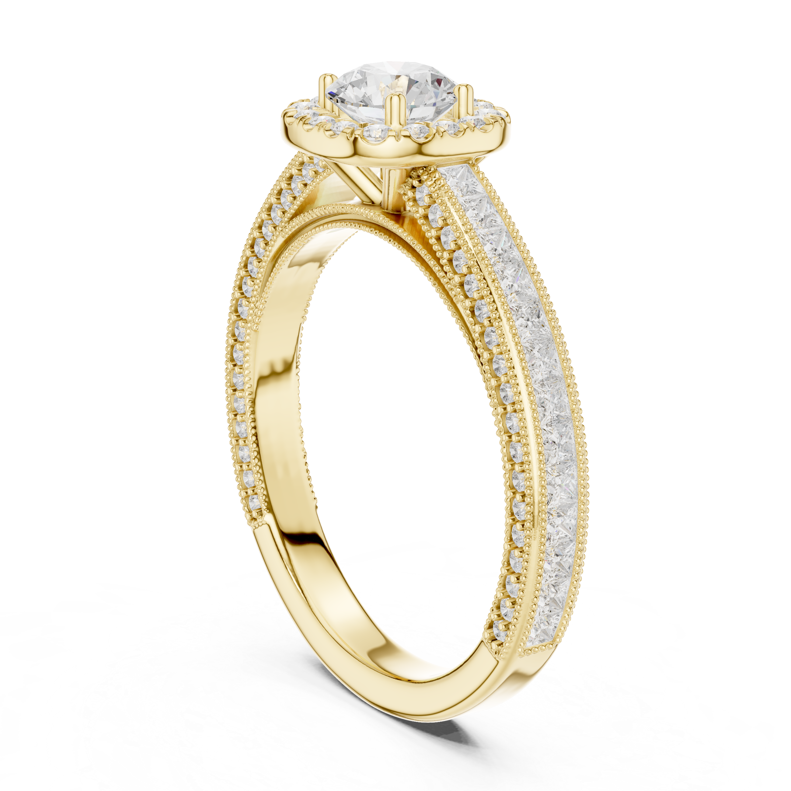 Stunning Round Halo Ring with Intricate Milgrain & Side Diamonds