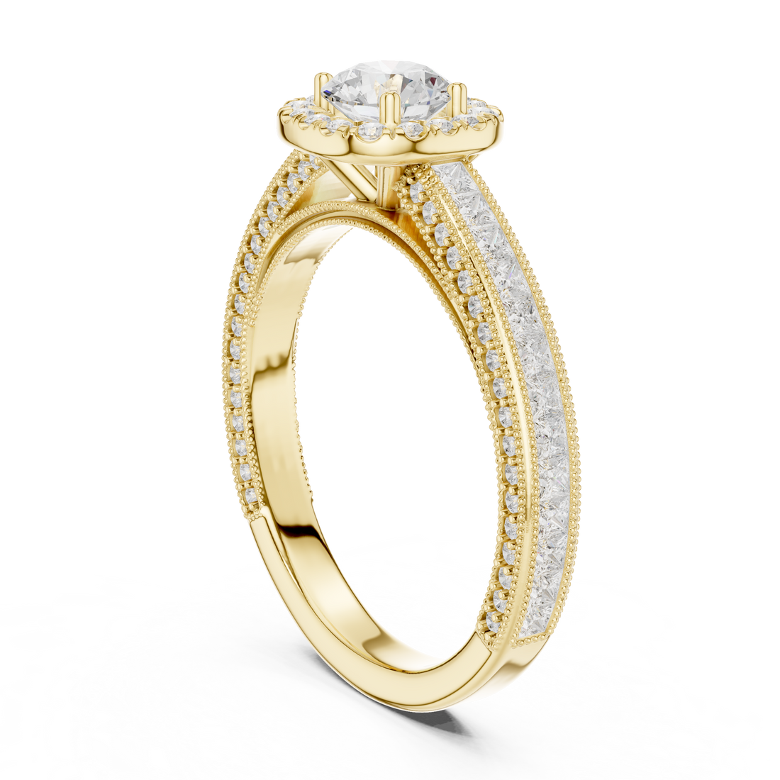 Stunning Round Halo Ring with Intricate Milgrain & Side Diamonds