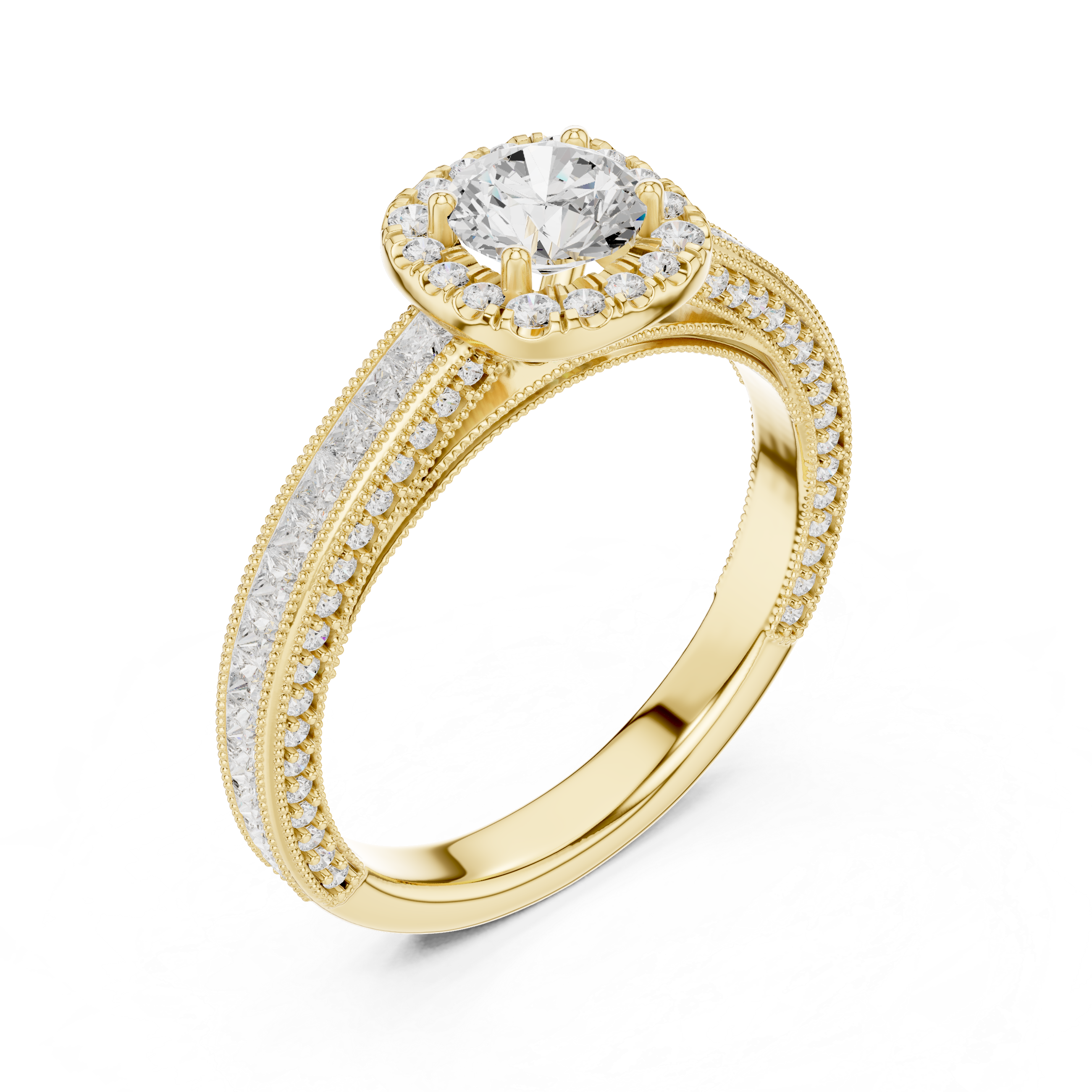 Stunning Round Halo Ring with Intricate Milgrain & Side Diamonds