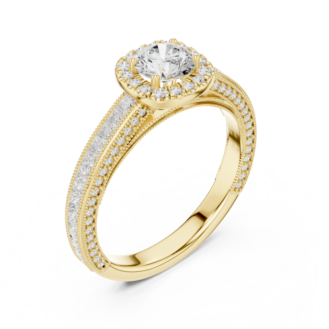 Stunning Round Halo Ring with Intricate Milgrain & Side Diamonds
