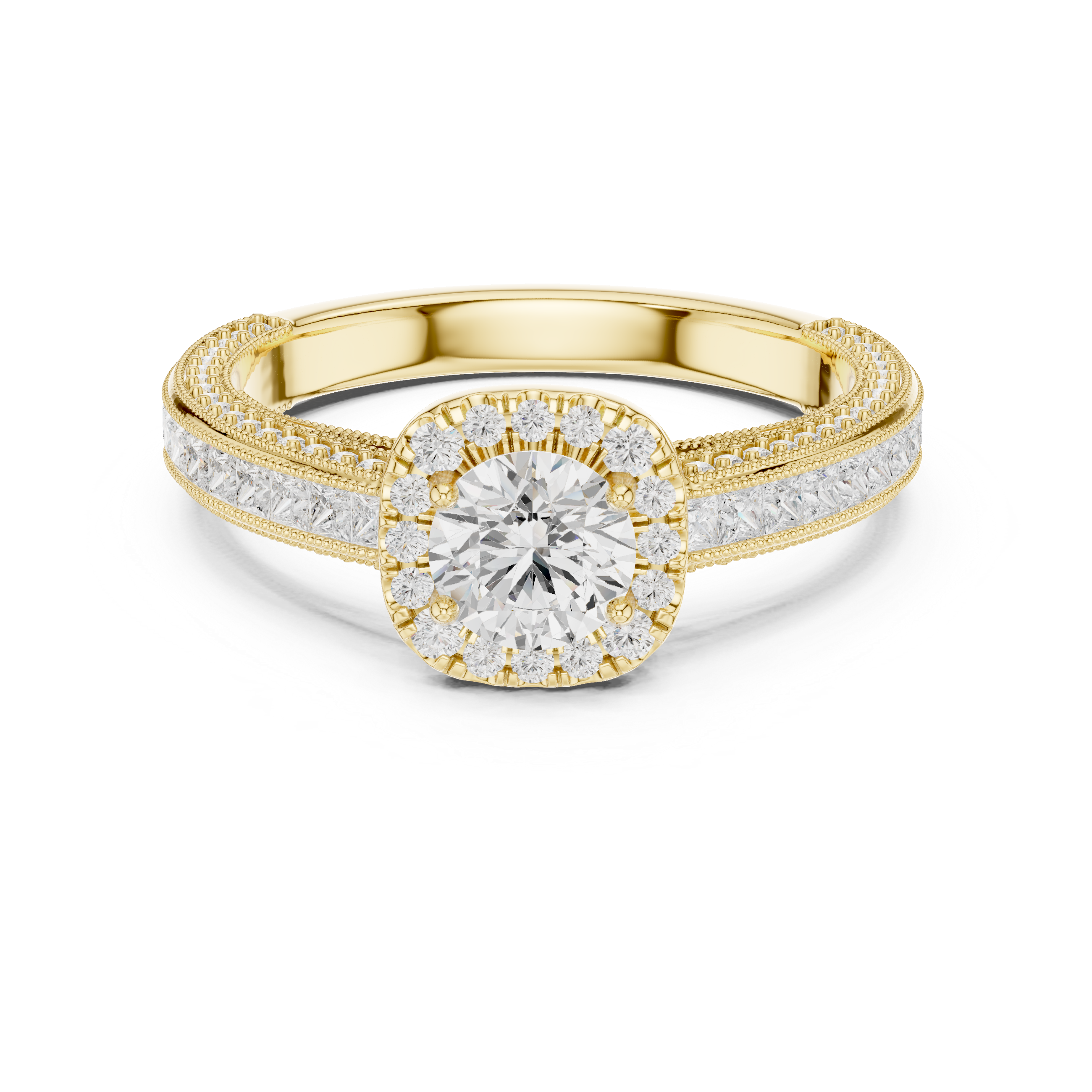 Stunning Round Halo Ring with Intricate Milgrain & Side Diamonds