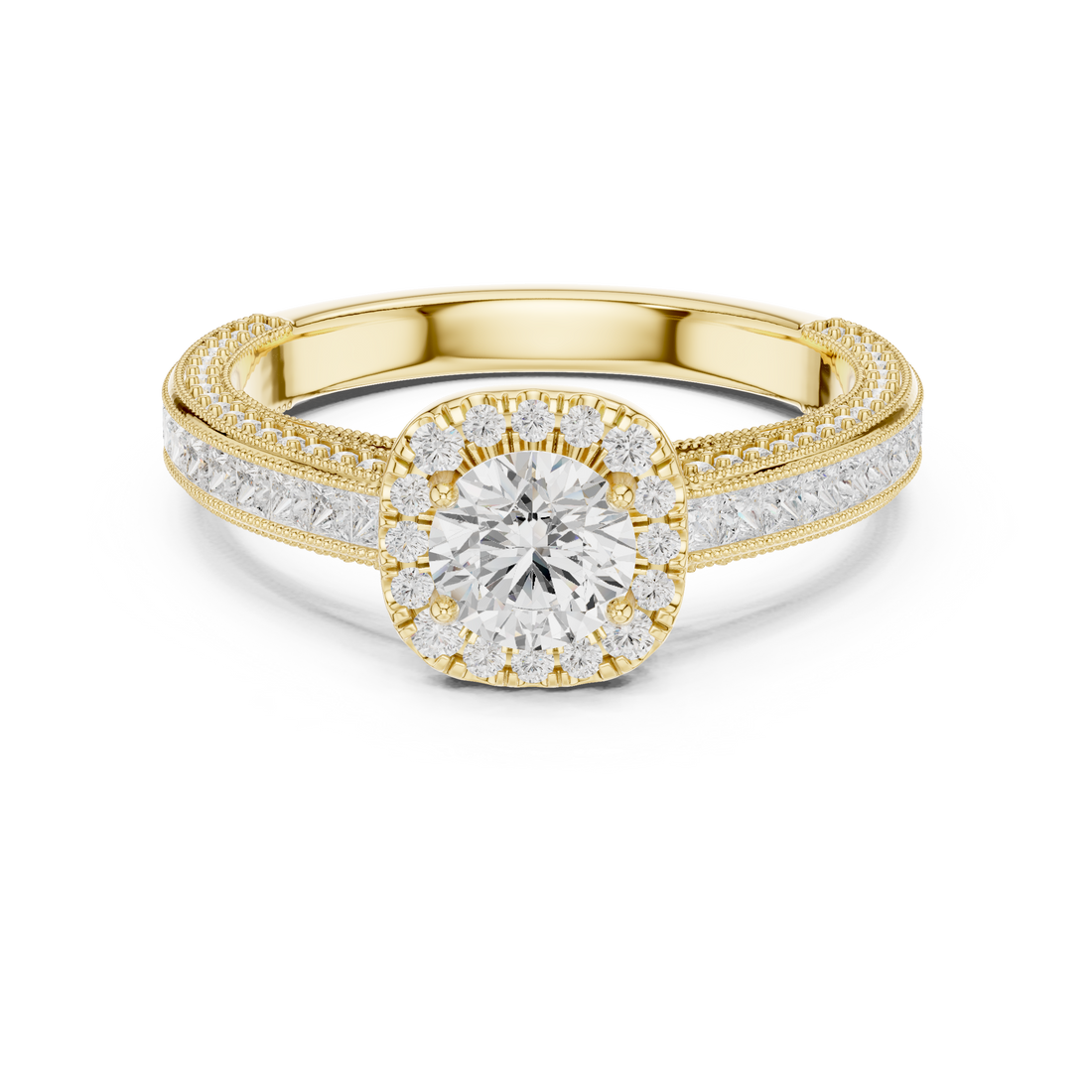 Stunning Round Halo Ring with Intricate Milgrain & Side Diamonds