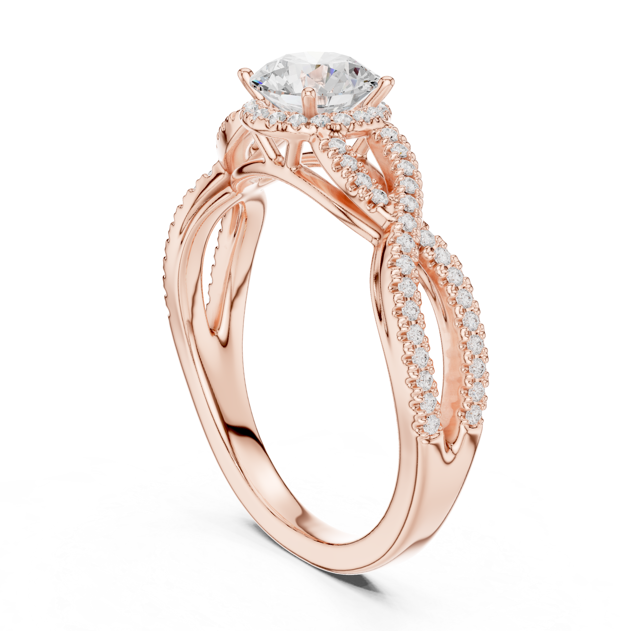 Artistic Twisted Shank Halo Diamond Ring with Elegant Finish