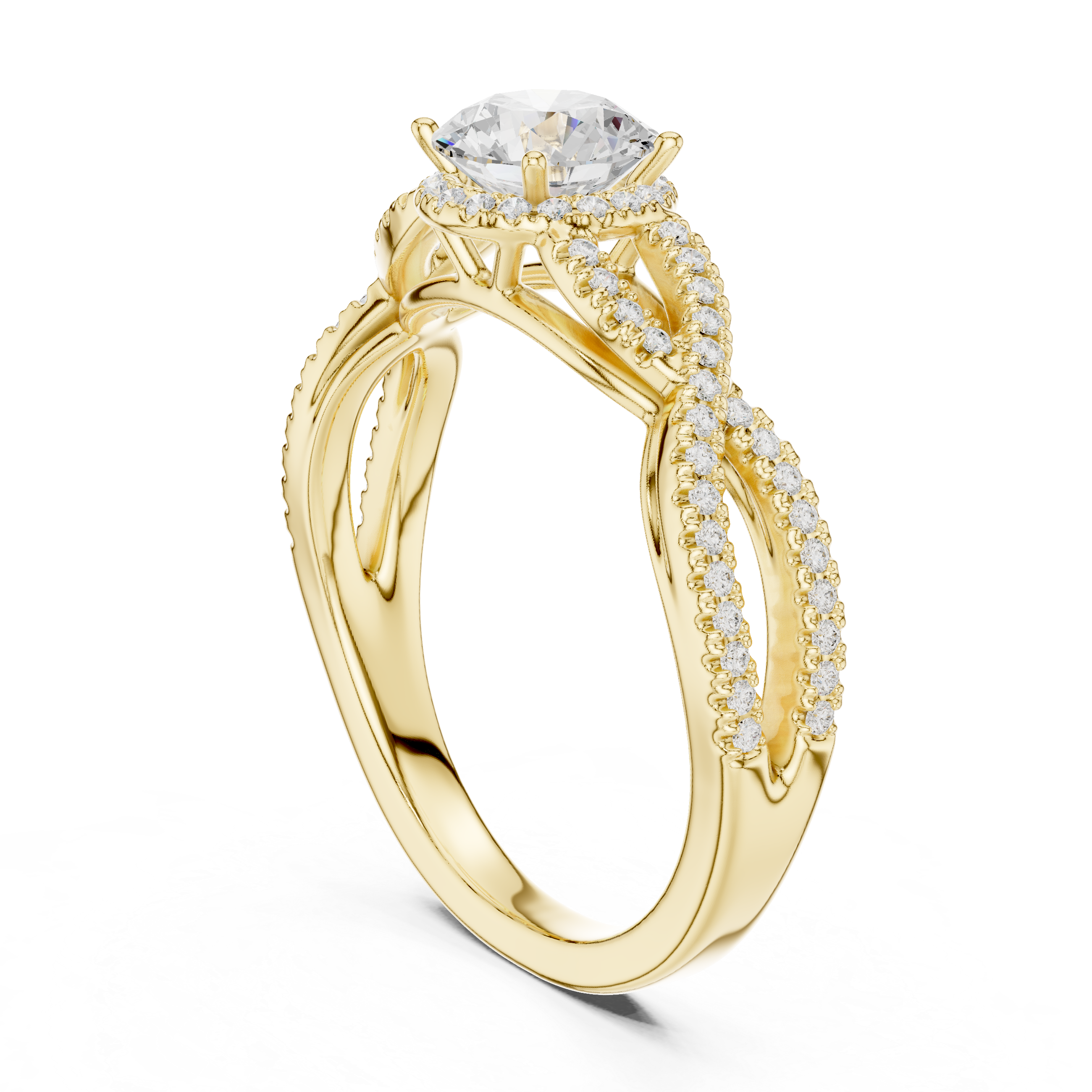 Artistic Twisted Shank Halo Diamond Ring with Elegant Finish
