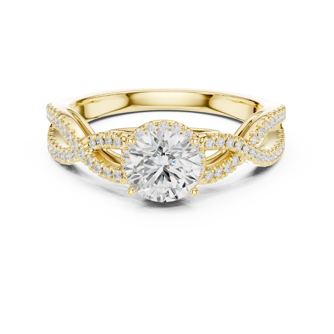 Artistic Twisted Shank Halo Diamond Ring with Elegant Finish