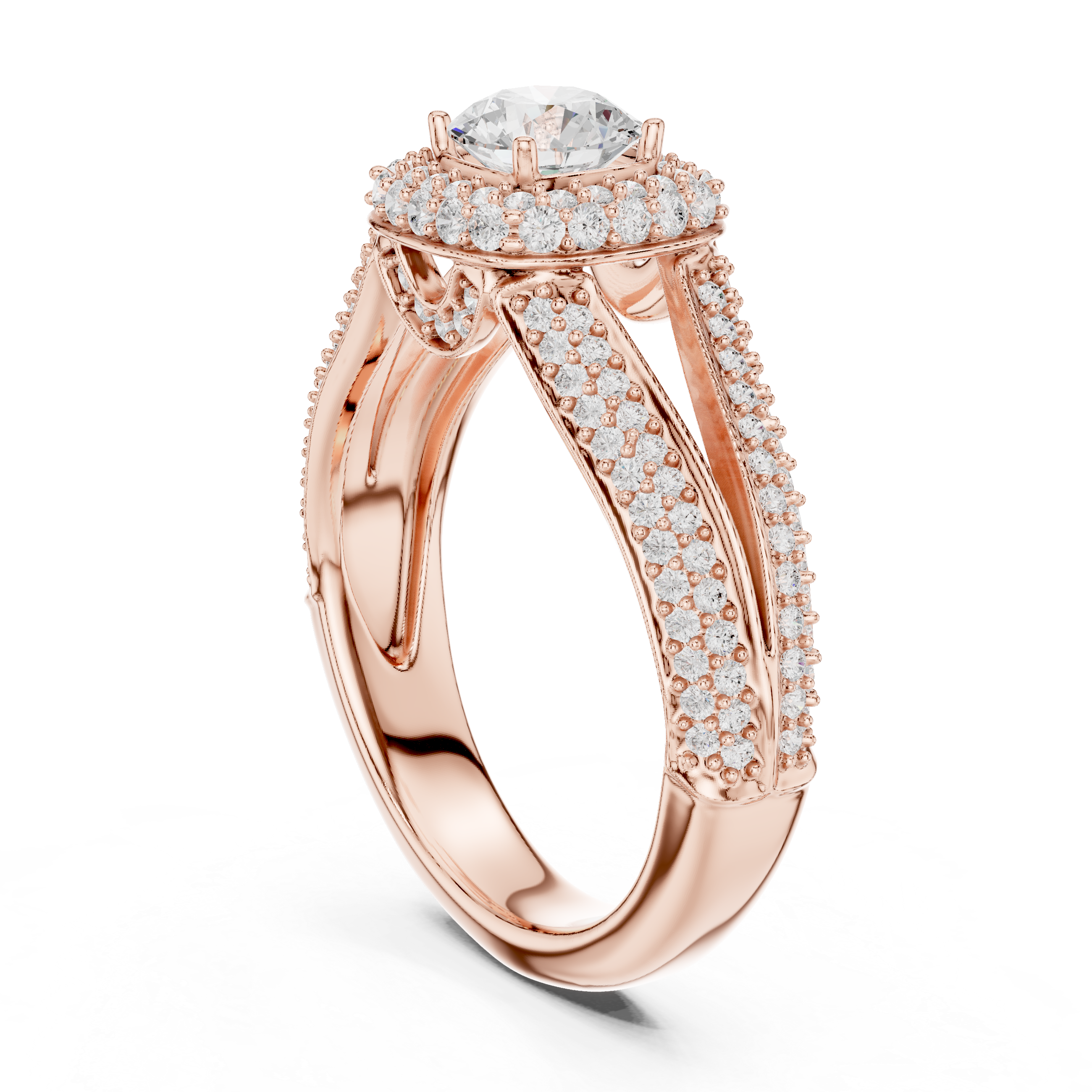 Unique Split Shank Double Halo Diamond Ring in Gold Finish