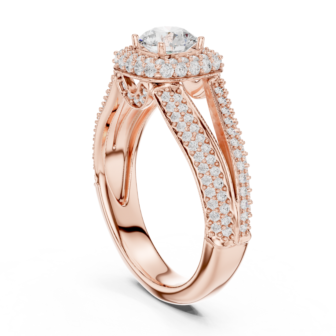 Unique Split Shank Double Halo Diamond Ring in Gold Finish