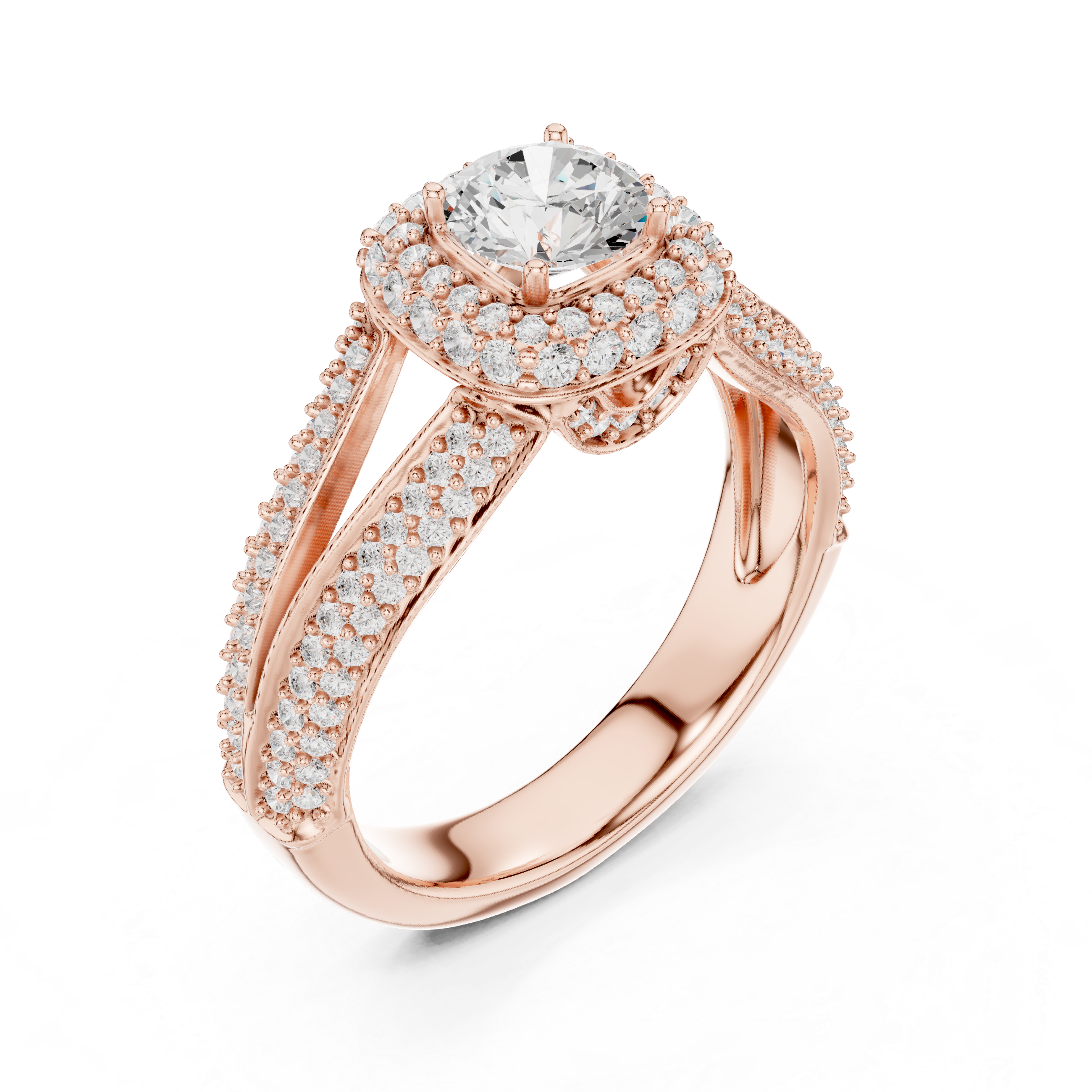 Unique Split Shank Double Halo Diamond Ring in Gold Finish