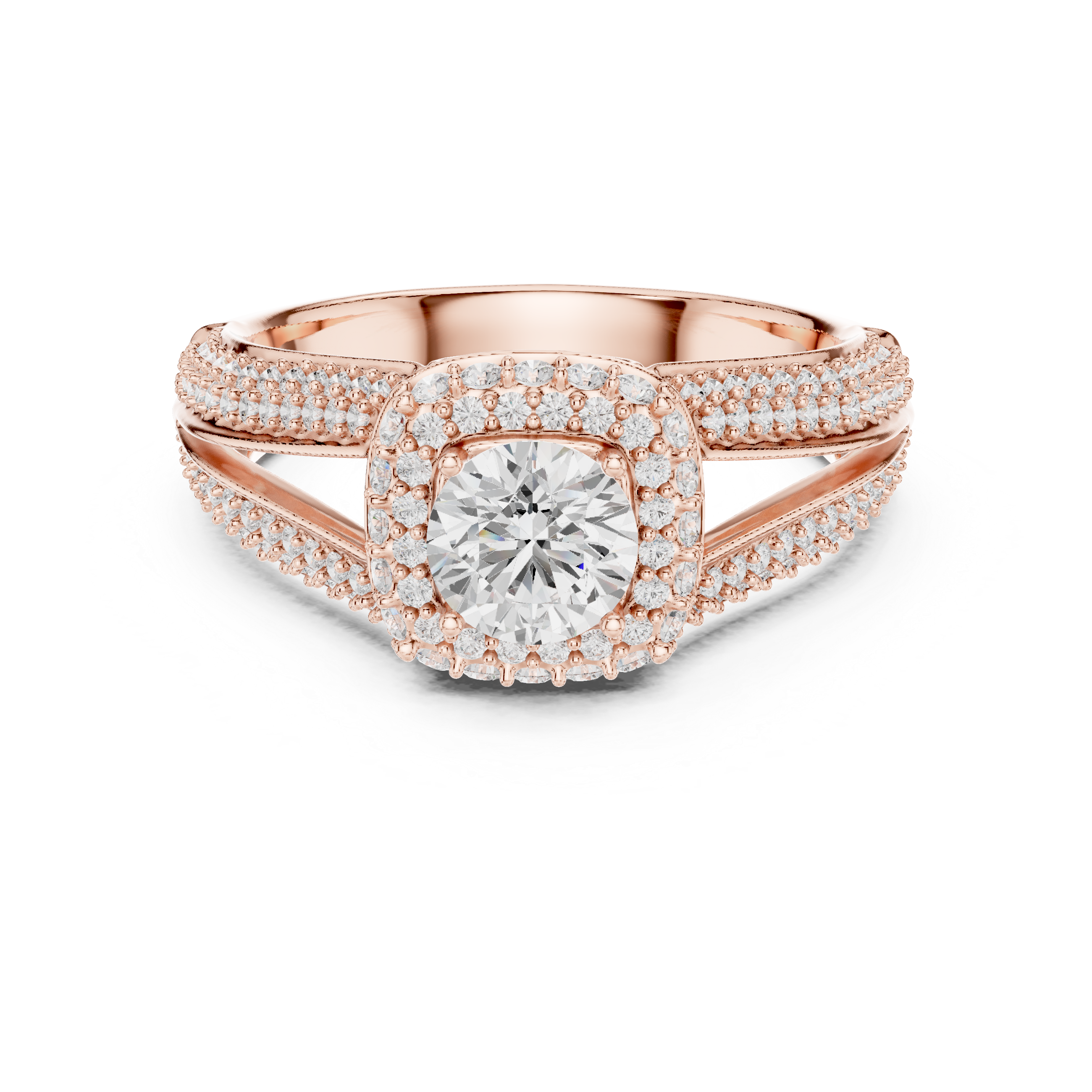 Unique Split Shank Double Halo Diamond Ring in Gold Finish