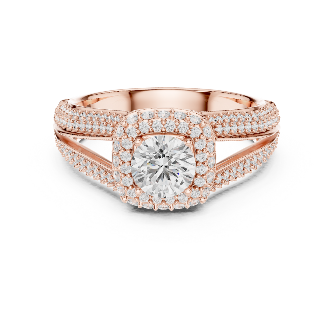 Unique Split Shank Double Halo Diamond Ring in Gold Finish