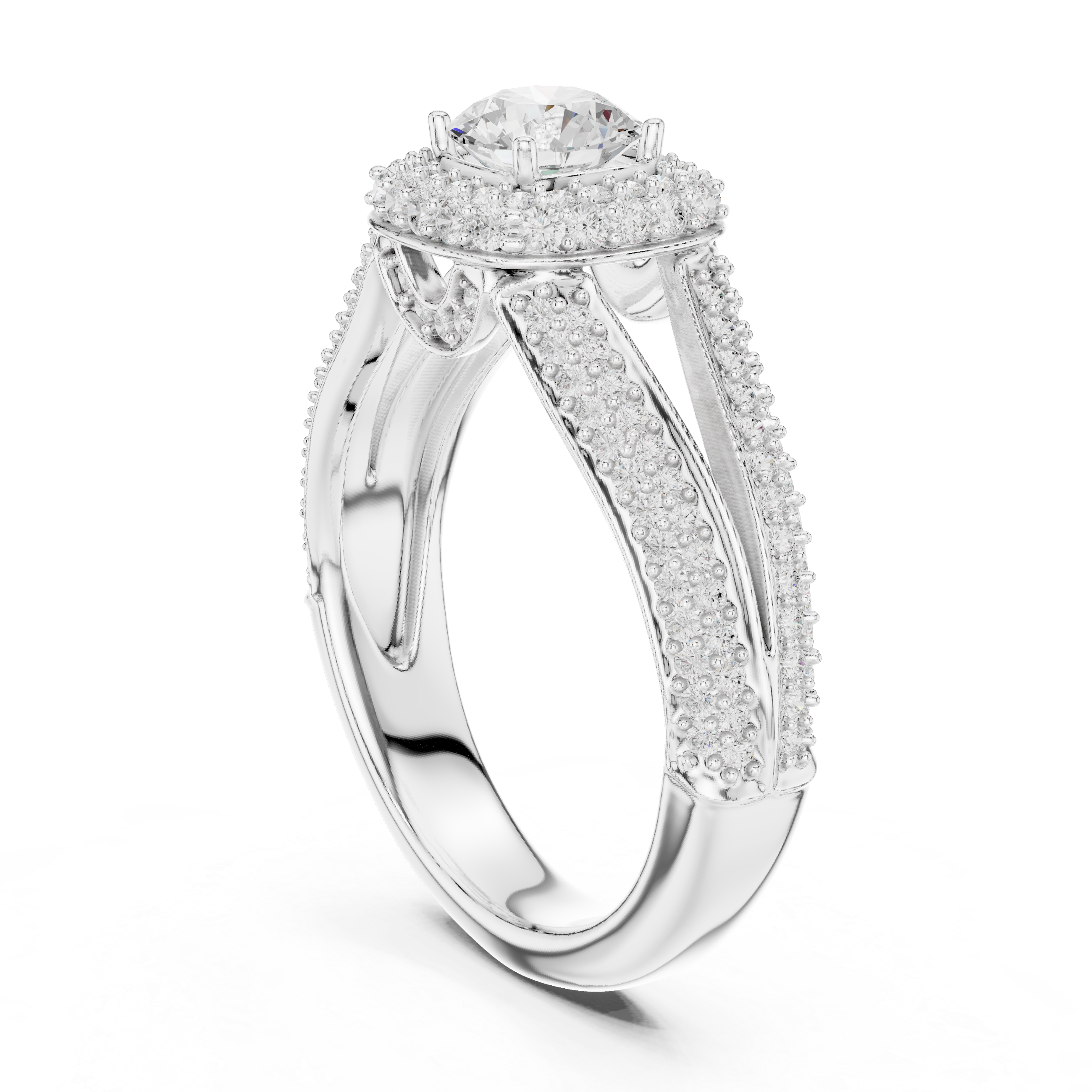 Unique Split Shank Double Halo Diamond Ring in Gold Finish