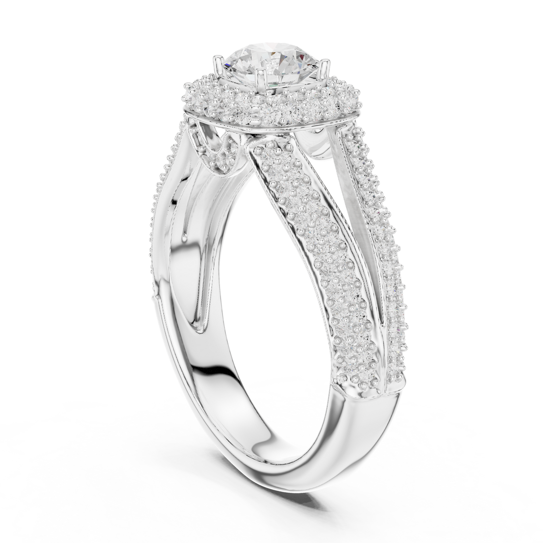 Unique Split Shank Double Halo Diamond Ring in Gold Finish