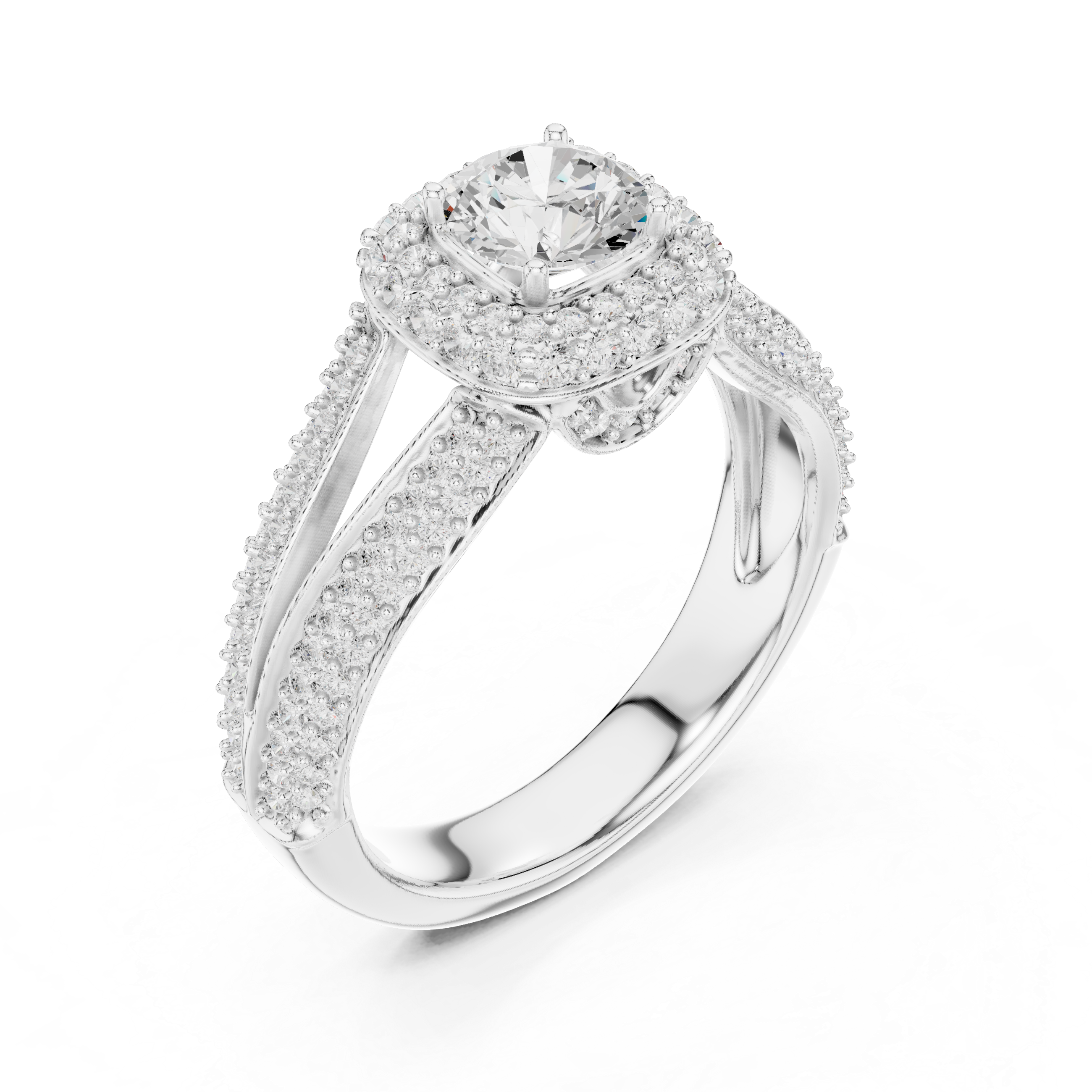 Unique Split Shank Double Halo Diamond Ring in Gold Finish