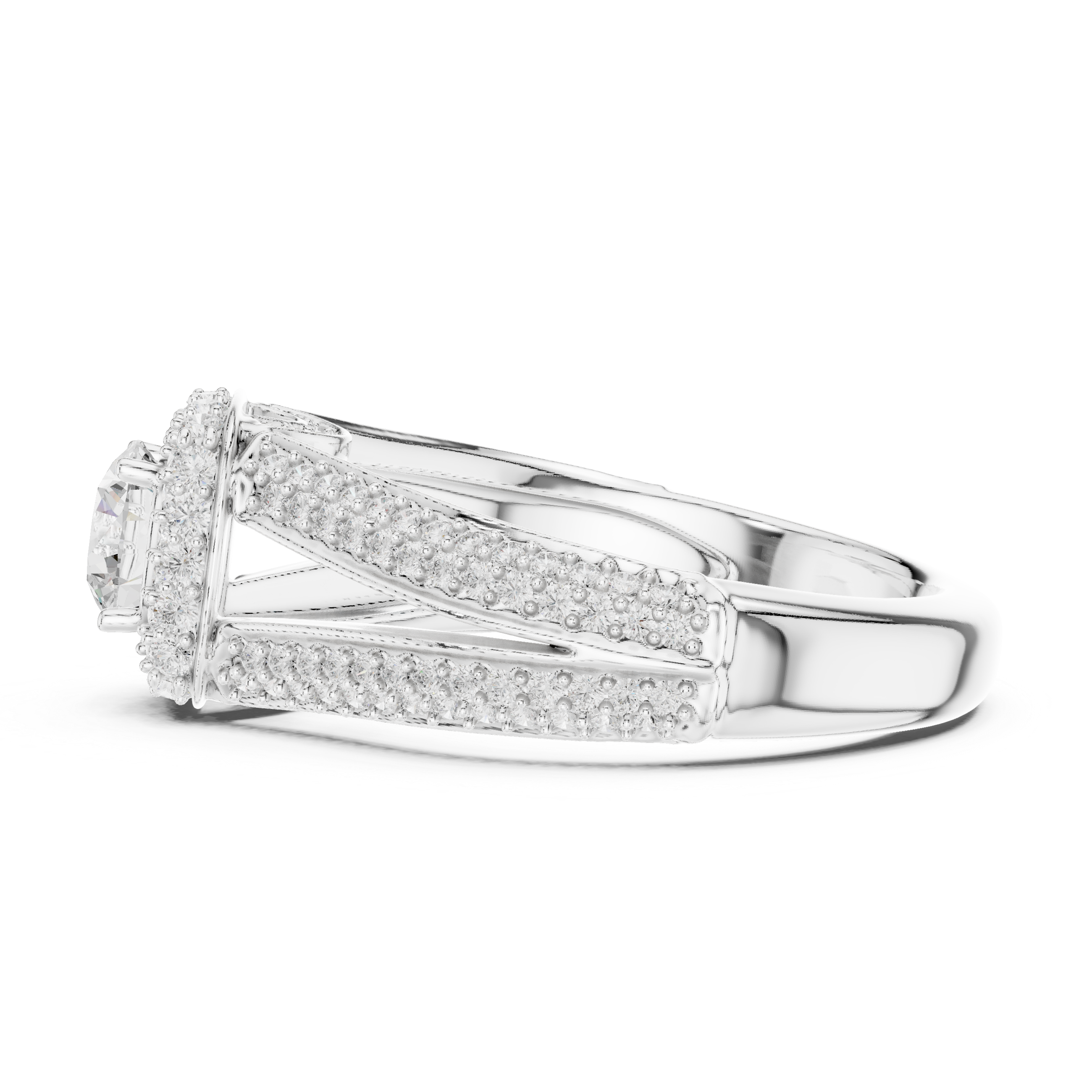 Unique Split Shank Double Halo Diamond Ring in Gold Finish