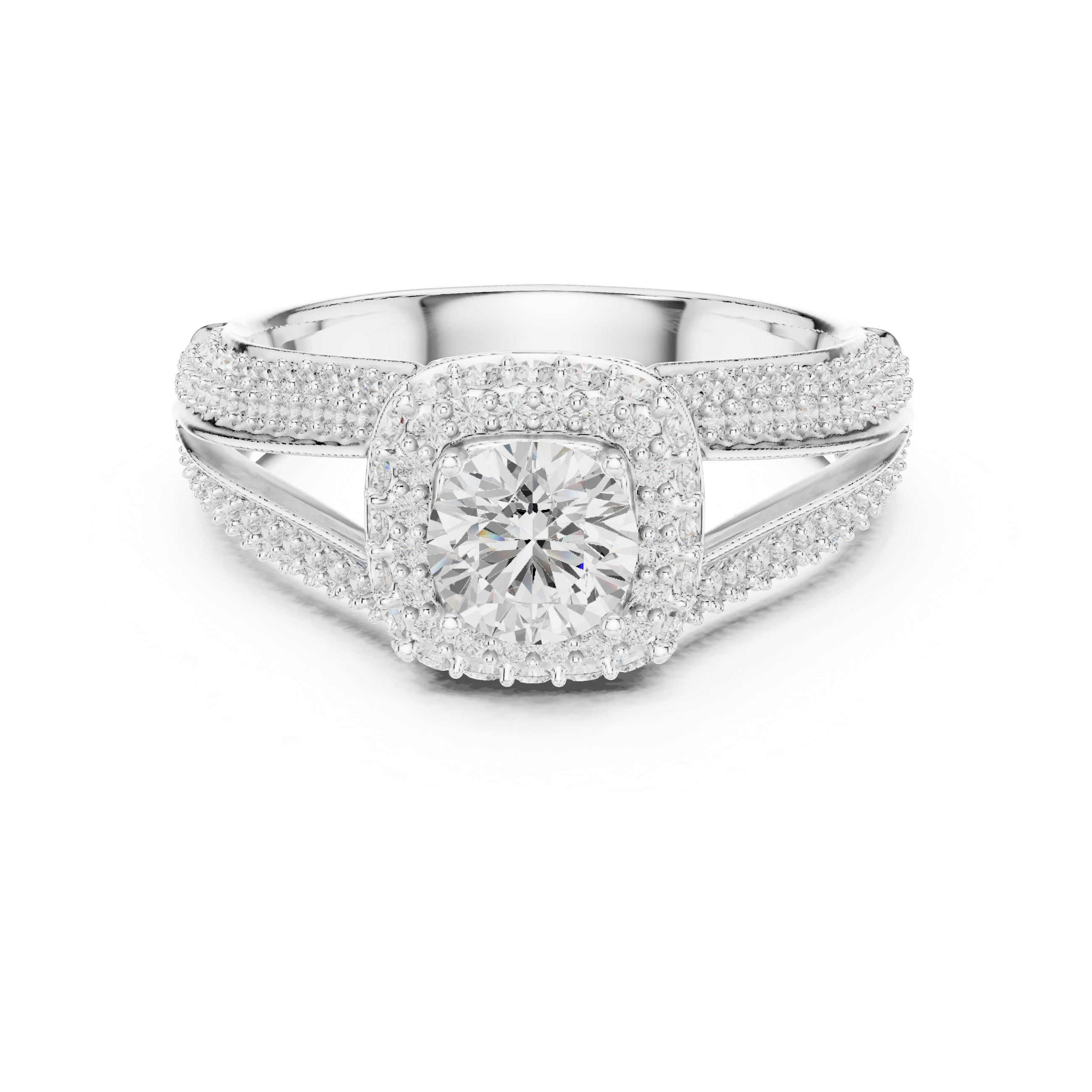 Unique Split Shank Double Halo Diamond Ring in Gold Finish