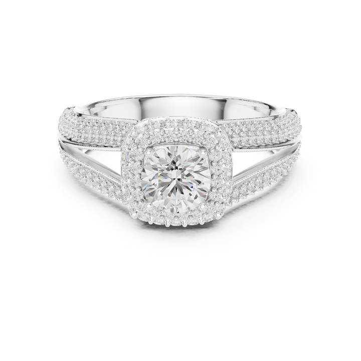 Unique Split Shank Double Halo Diamond Ring in Gold Finish