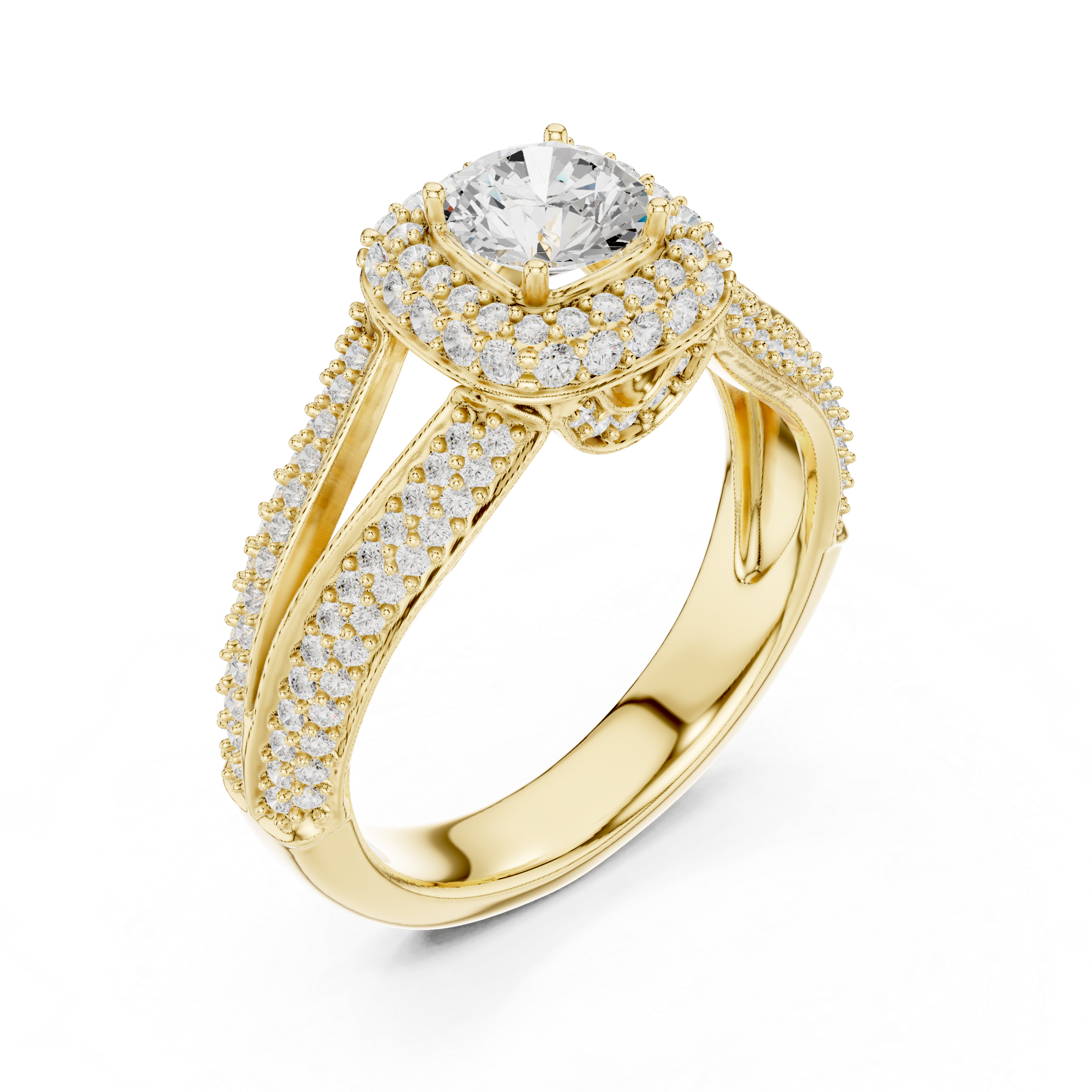 Unique Split Shank Double Halo Diamond Ring in Gold Finish