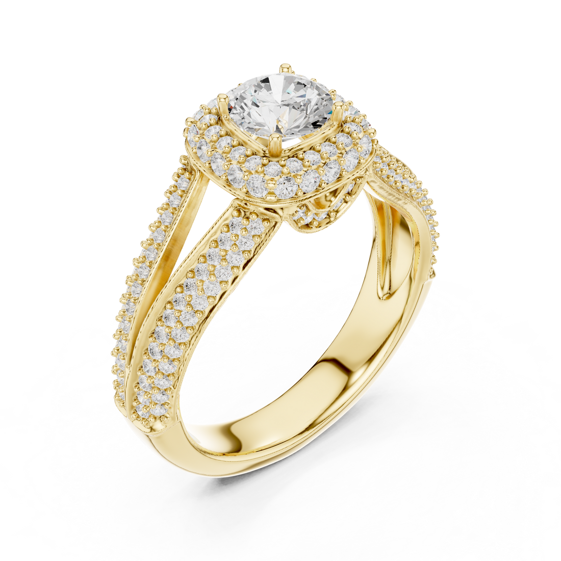 Unique Split Shank Double Halo Diamond Ring in Gold Finish