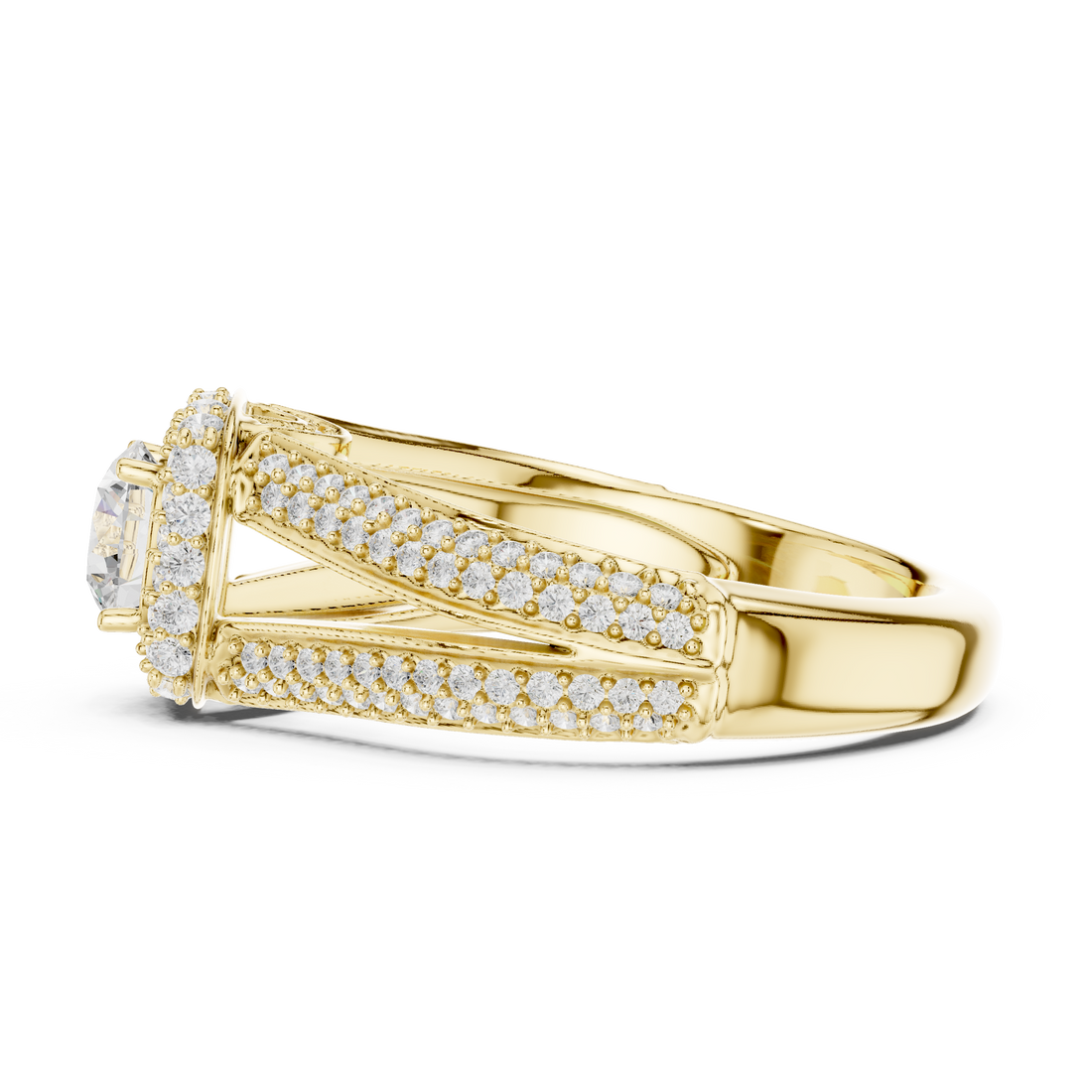 Unique Split Shank Double Halo Diamond Ring in Gold Finish