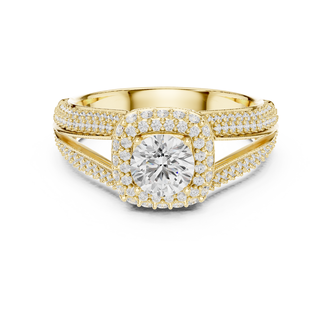 Unique Split Shank Double Halo Diamond Ring in Gold Finish