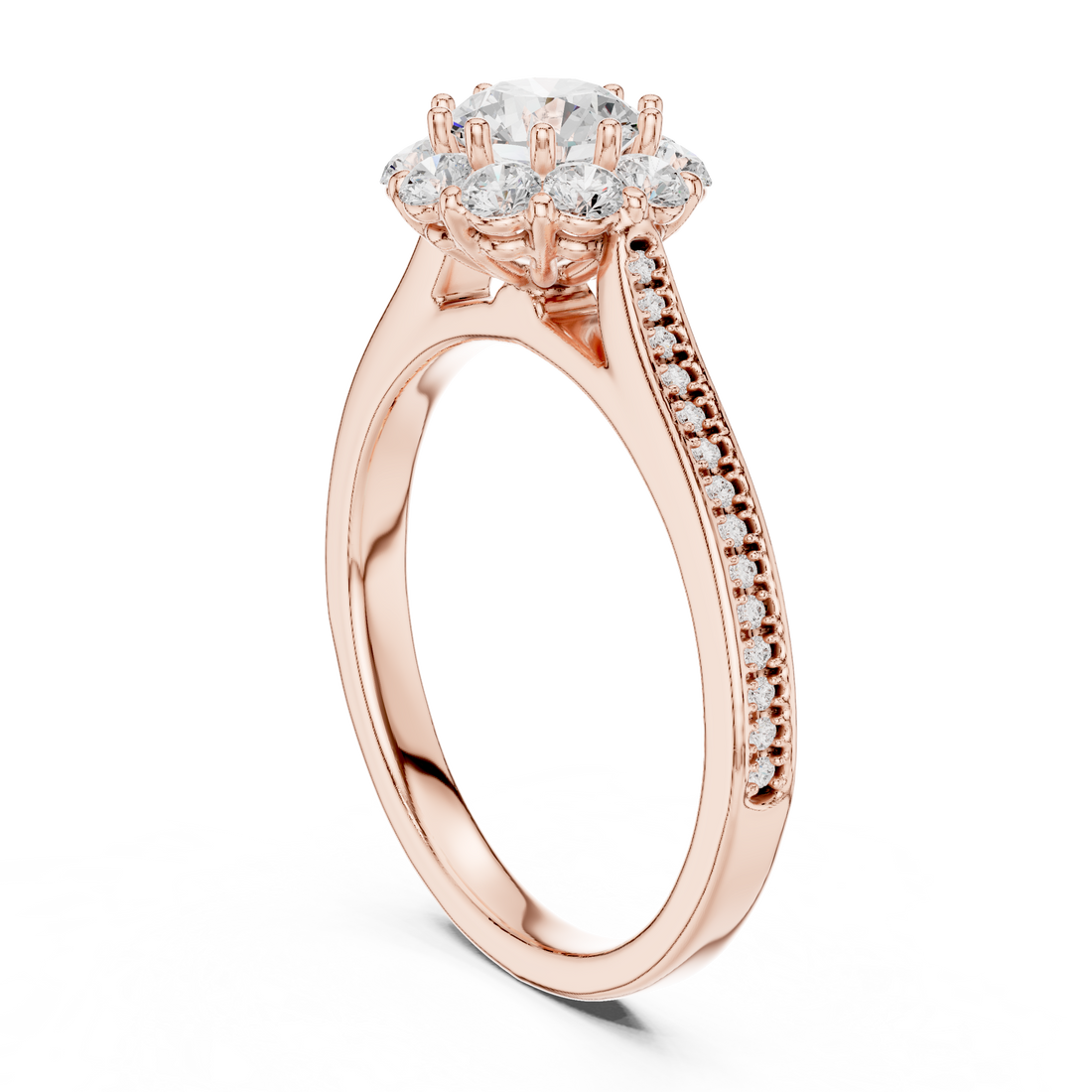 Delicate Rose Gold Halo Ring with Brilliant Round Center
