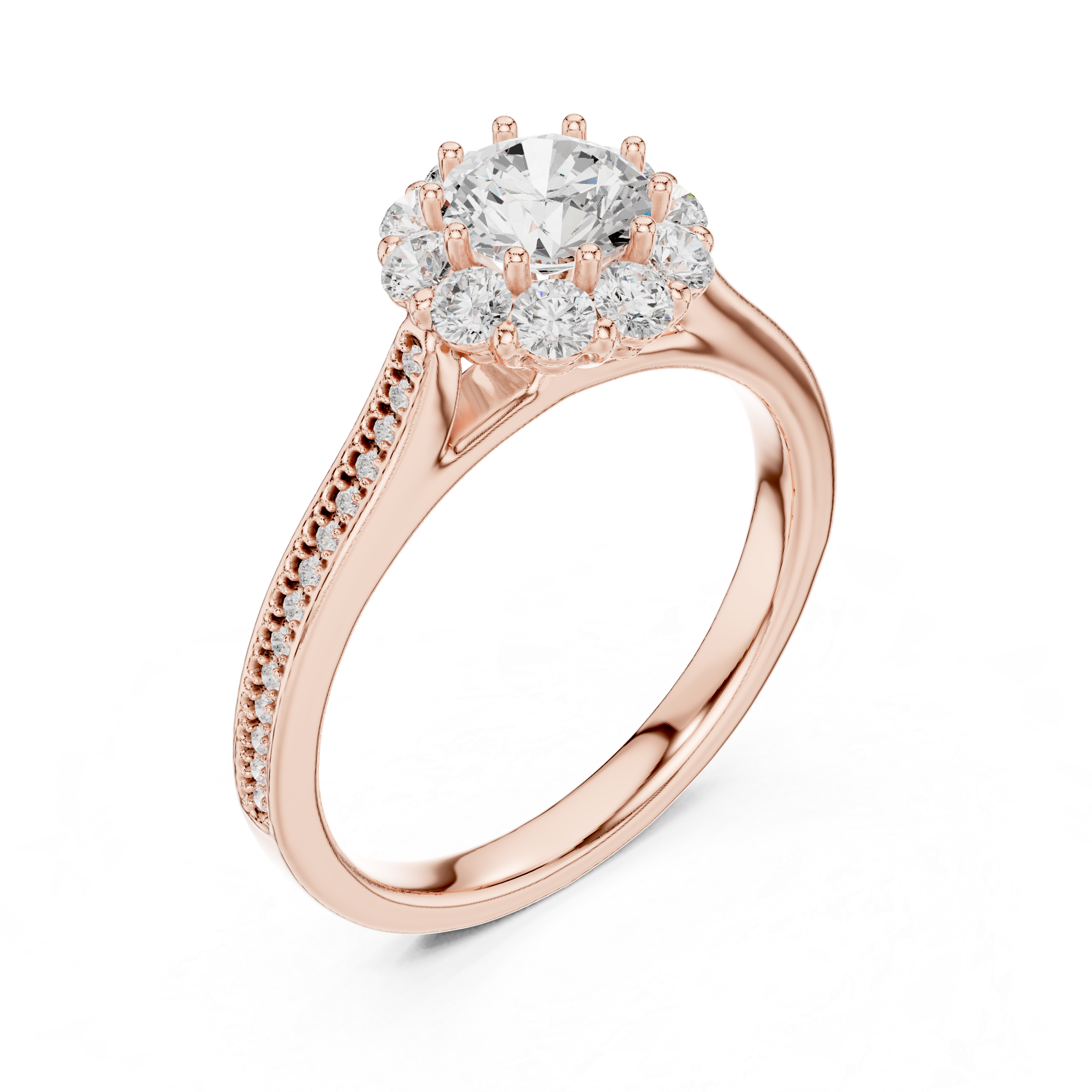 Delicate Rose Gold Halo Ring with Brilliant Round Center