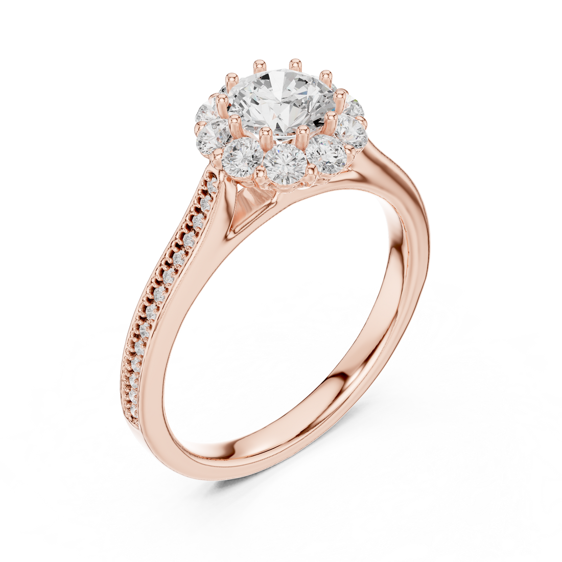 Delicate Rose Gold Halo Ring with Brilliant Round Center