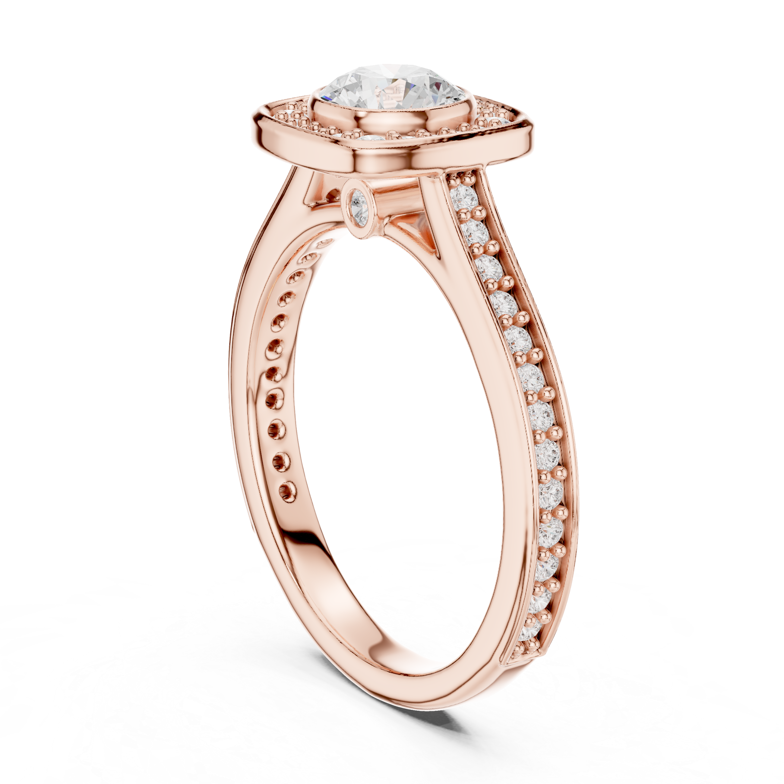 Contemporary Gold Halo Ring with Bezel Set Center Stone