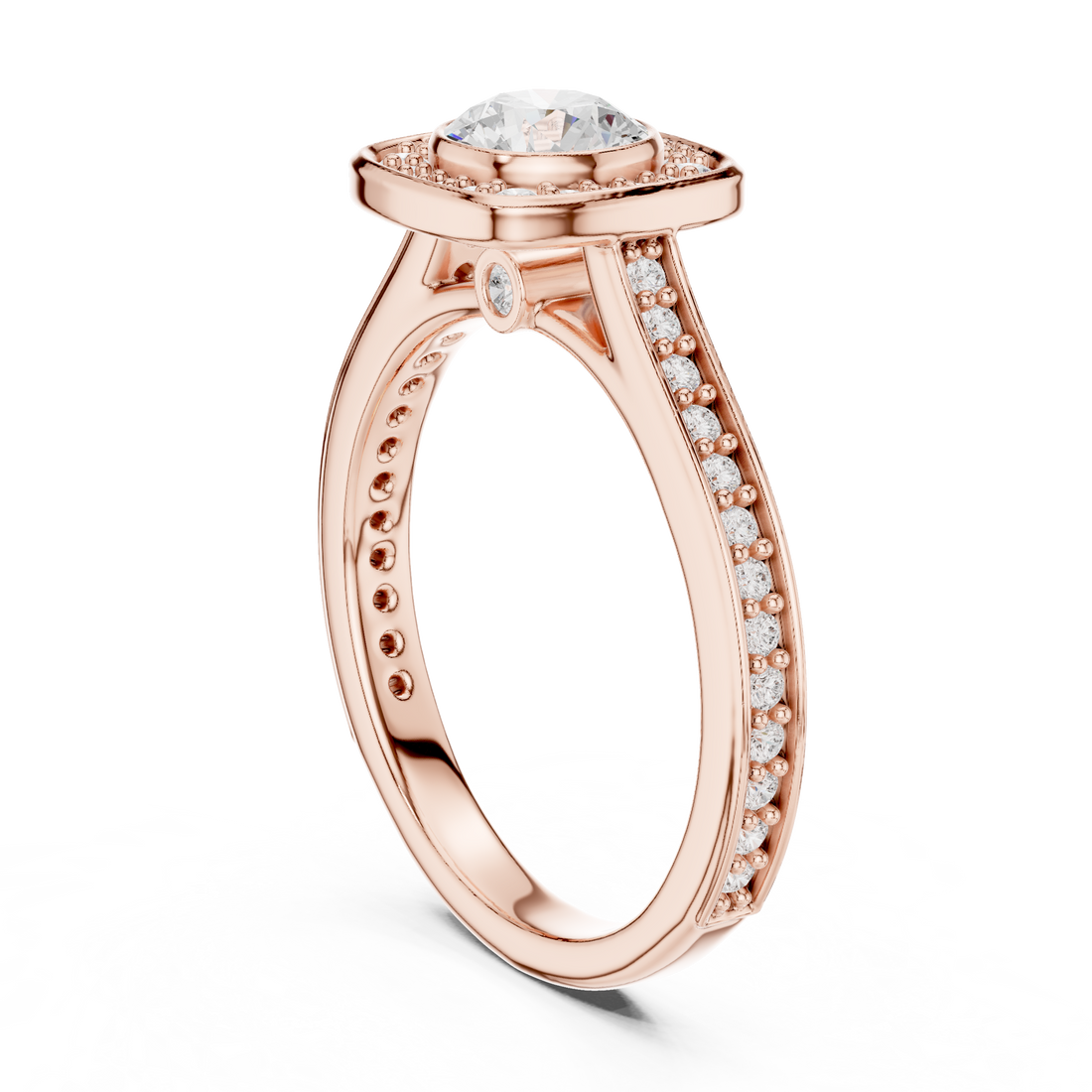 Contemporary Gold Halo Ring with Bezel Set Center Stone