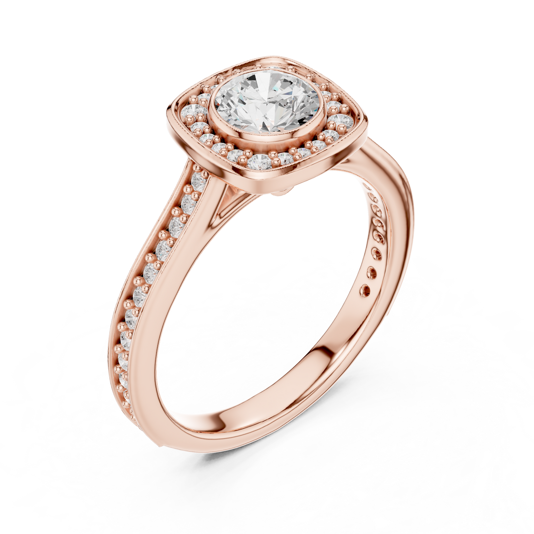 Contemporary Gold Halo Ring with Bezel Set Center Stone