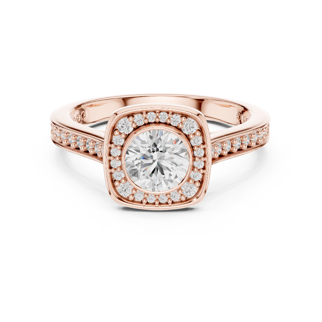 Contemporary Gold Halo Ring with Bezel Set Center Stone