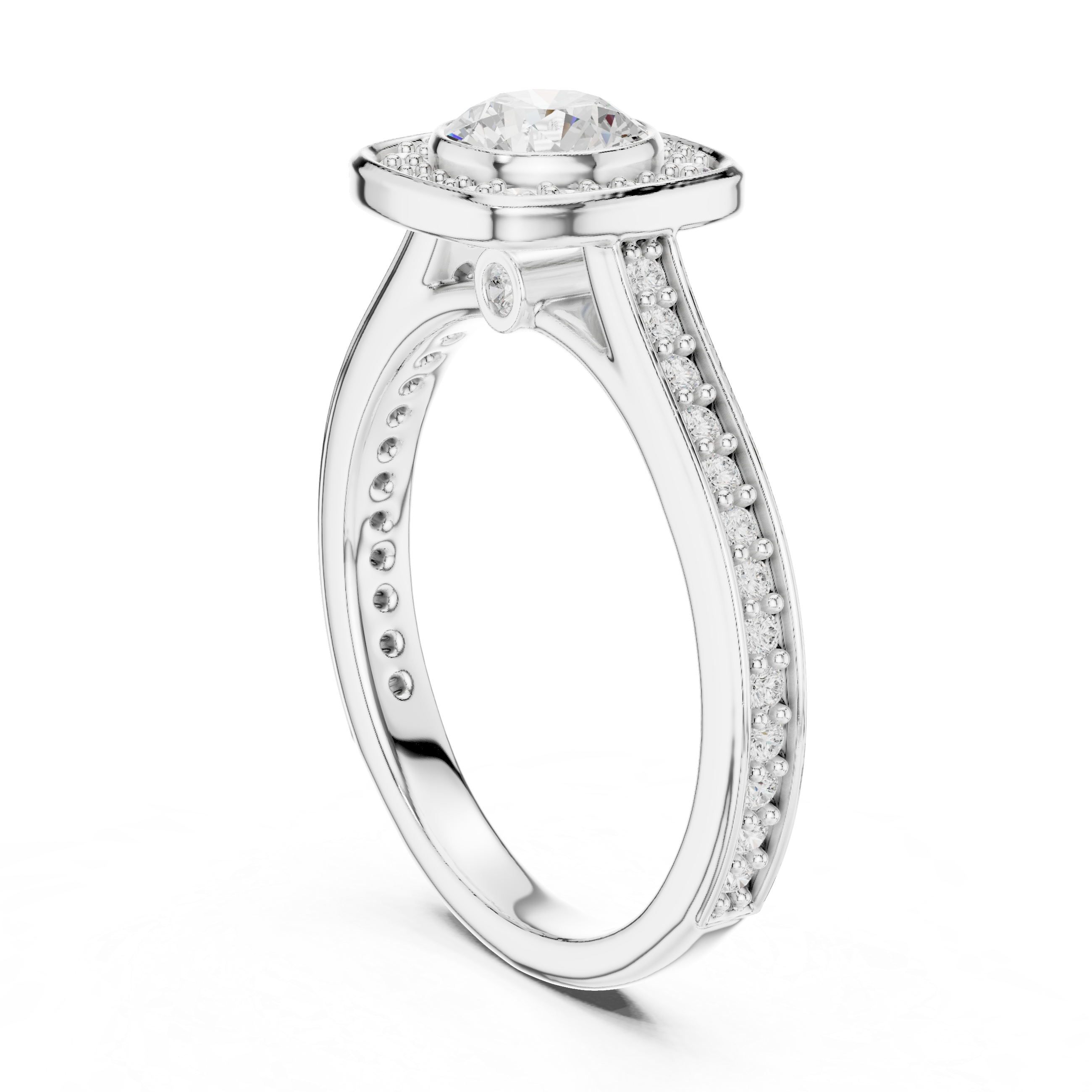 Contemporary Gold Halo Ring with Bezel Set Center Stone