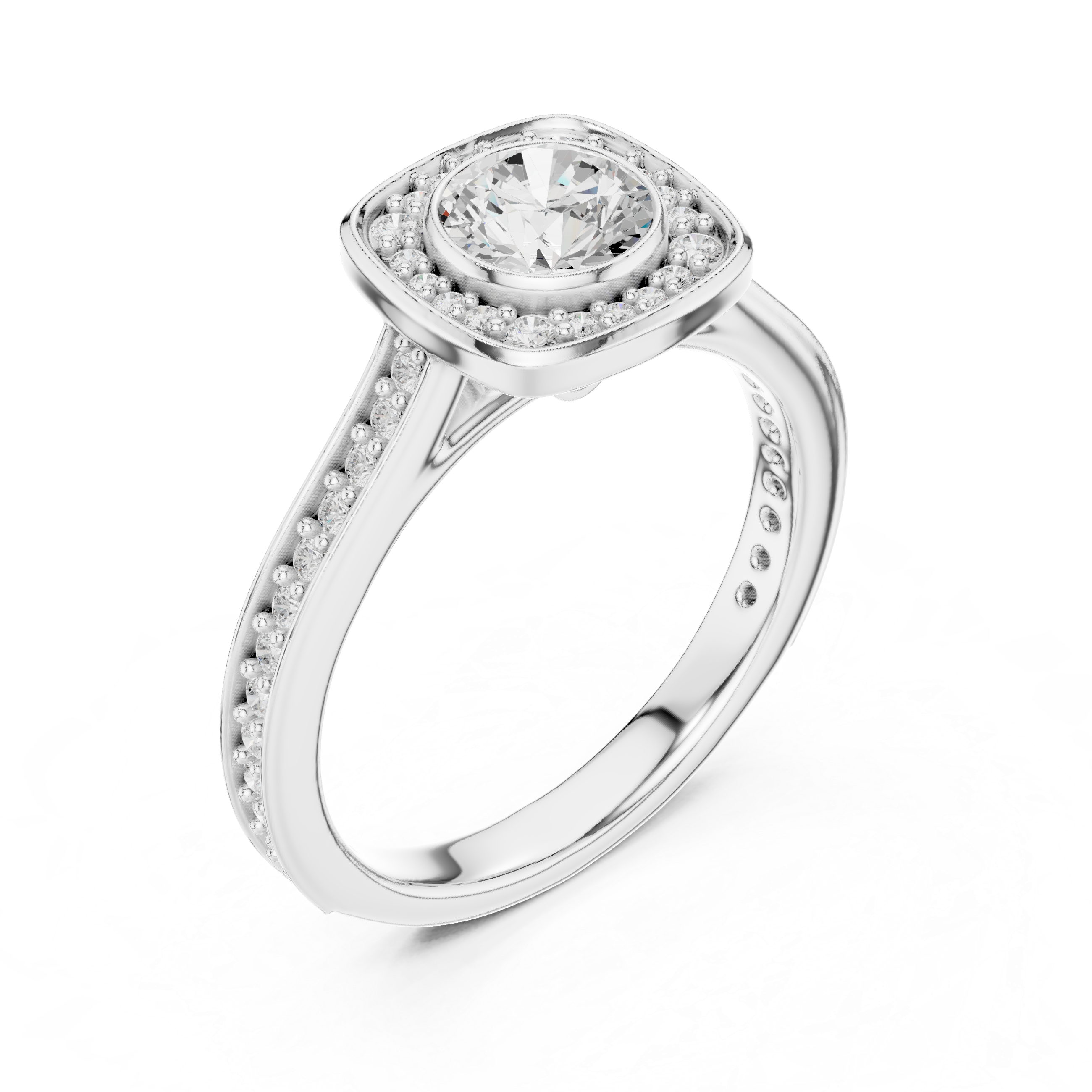 Contemporary Gold Halo Ring with Bezel Set Center Stone