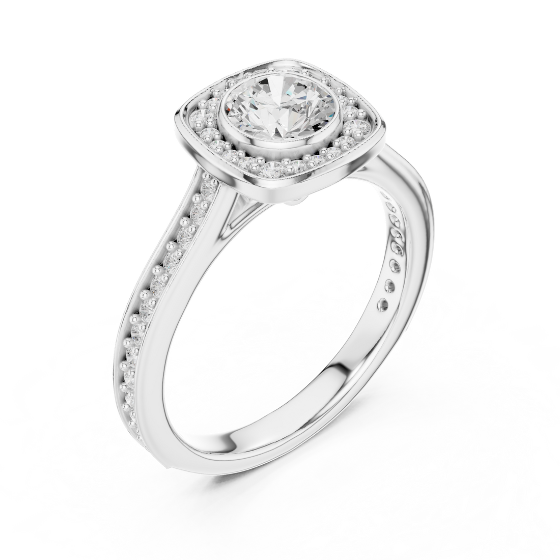 Contemporary Gold Halo Ring with Bezel Set Center Stone