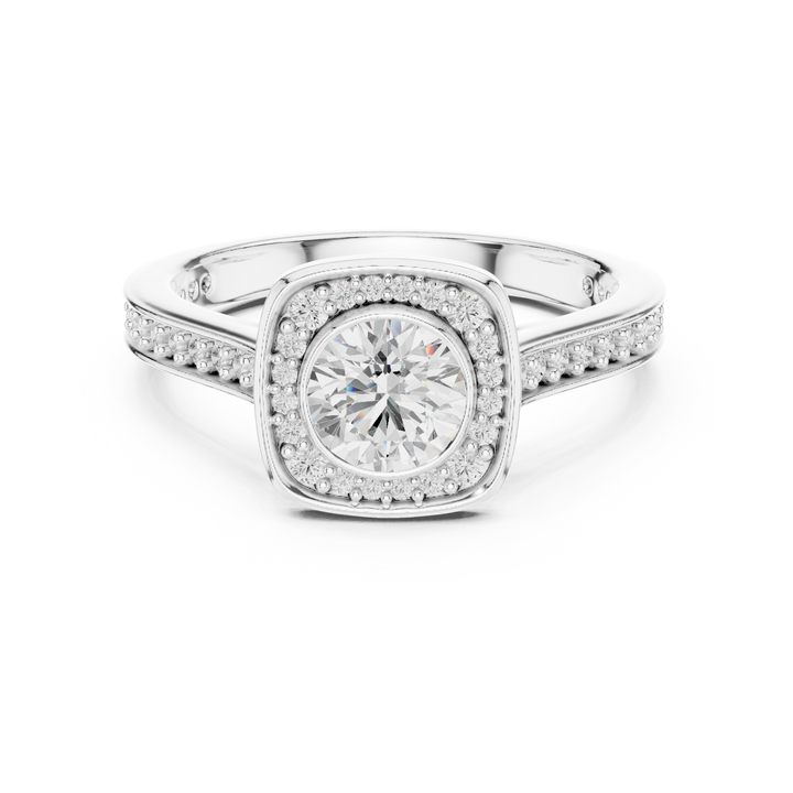 Contemporary Gold Halo Ring with Bezel Set Center Stone