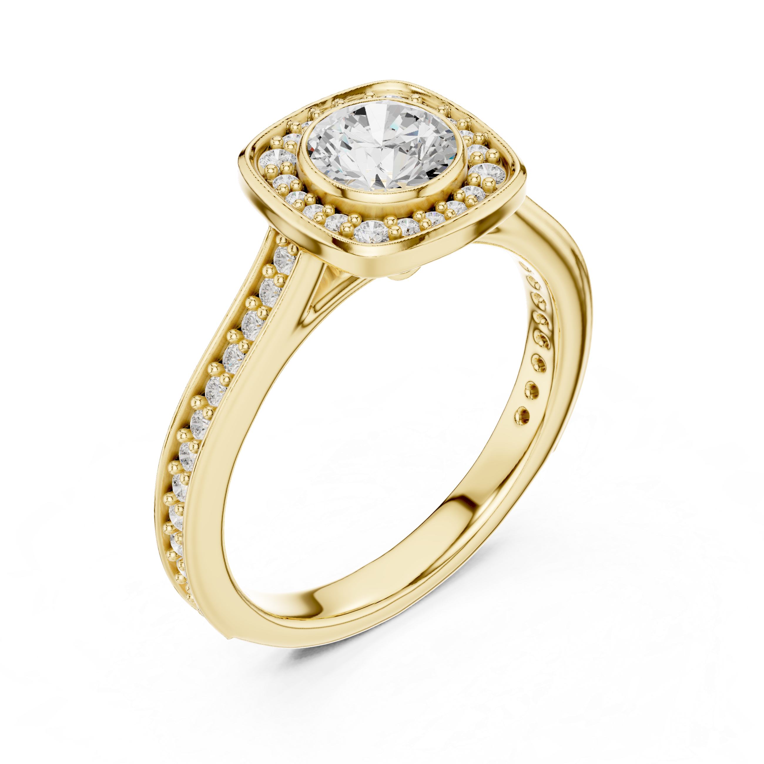 Contemporary Gold Halo Ring with Bezel Set Center Stone