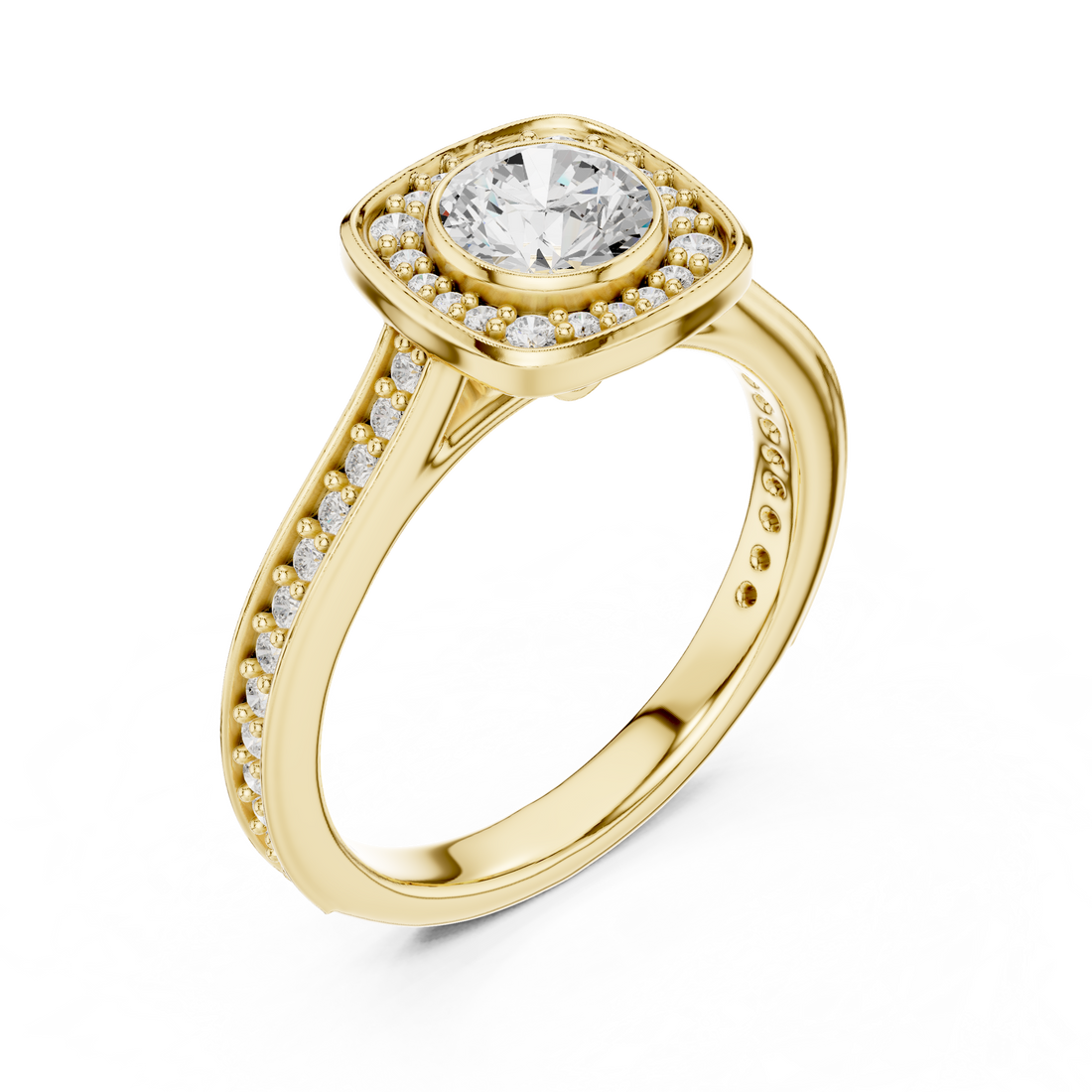 Contemporary Gold Halo Ring with Bezel Set Center Stone