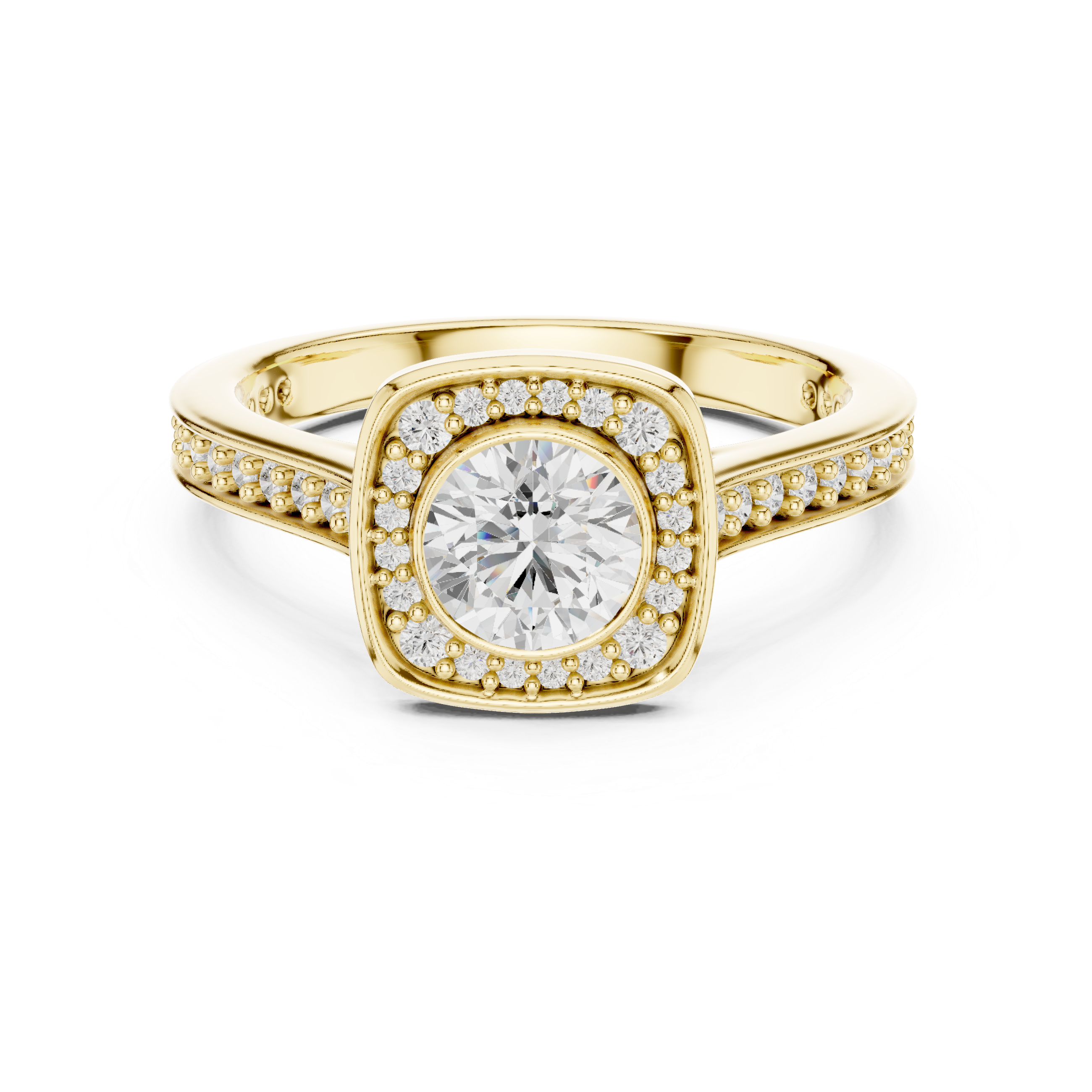 Contemporary Gold Halo Ring with Bezel Set Center Stone