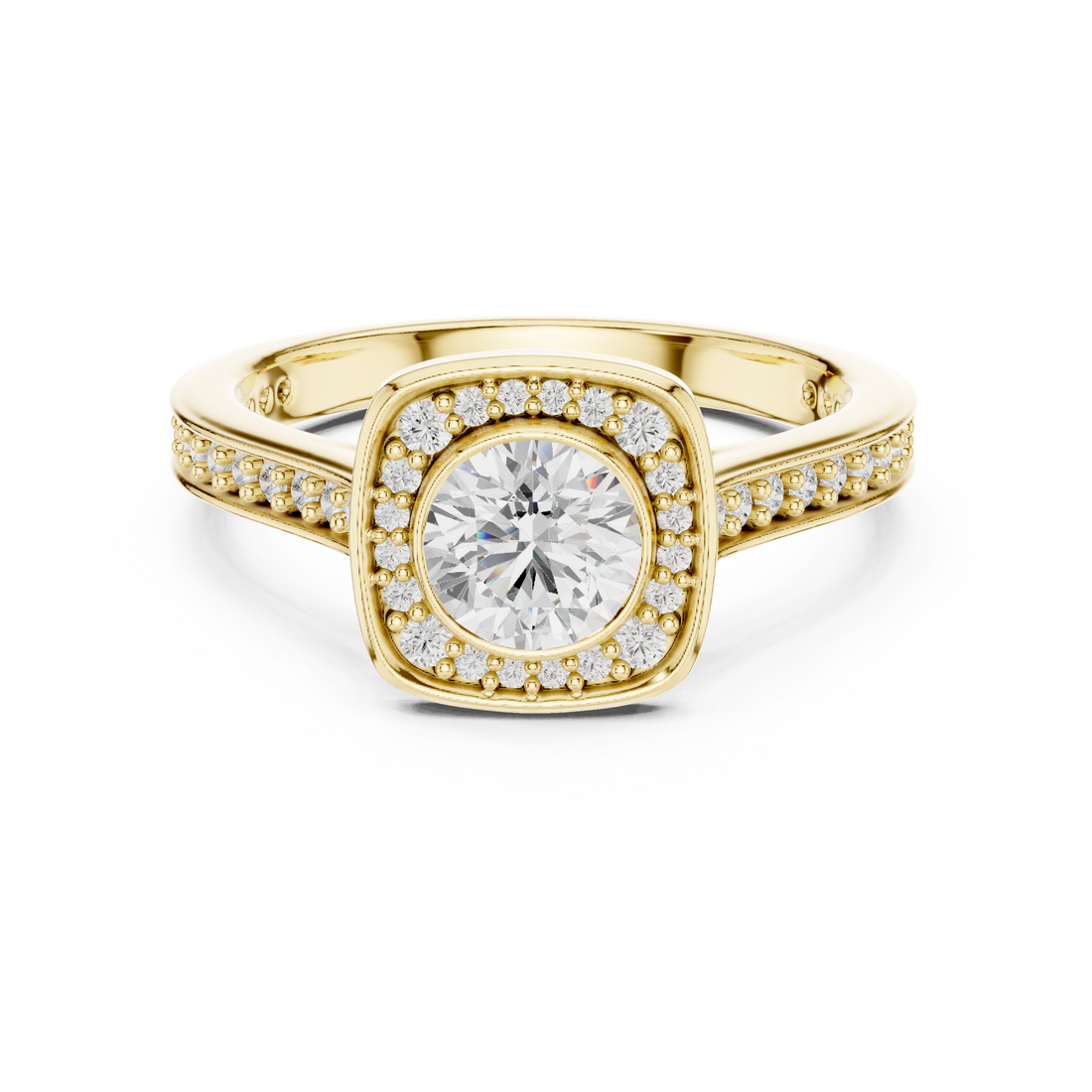 Contemporary Gold Halo Ring with Bezel Set Center Stone