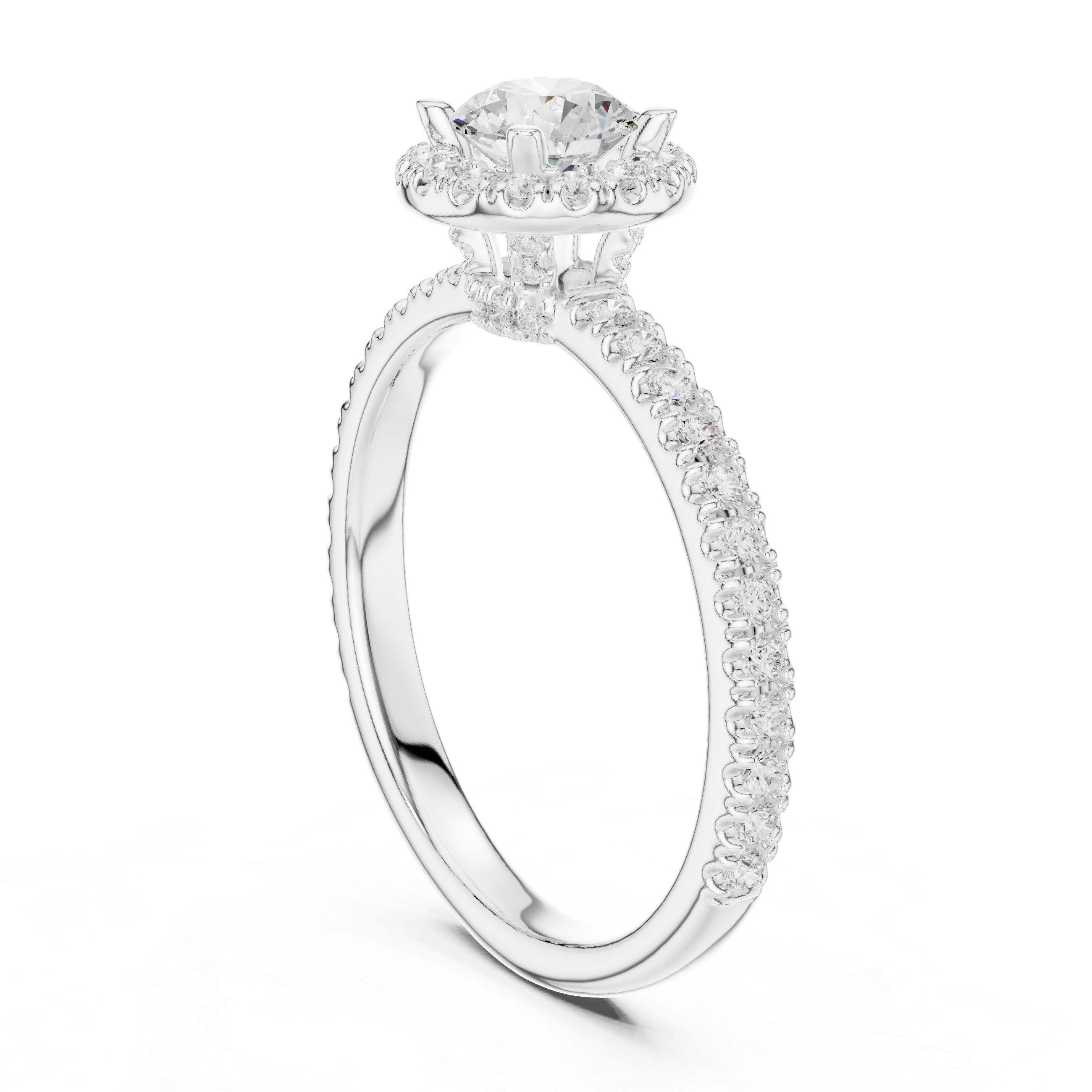 Delicate Halo Engagement Ring with Diamond Accented Band
