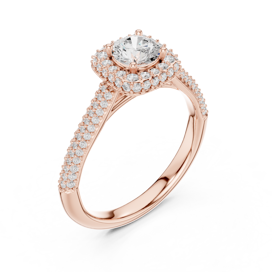 Bridal Double Halo Diamond Ring, Round Cut White Gold Ring, Pave Band Engagement Ring, Anniversary Gift Idea