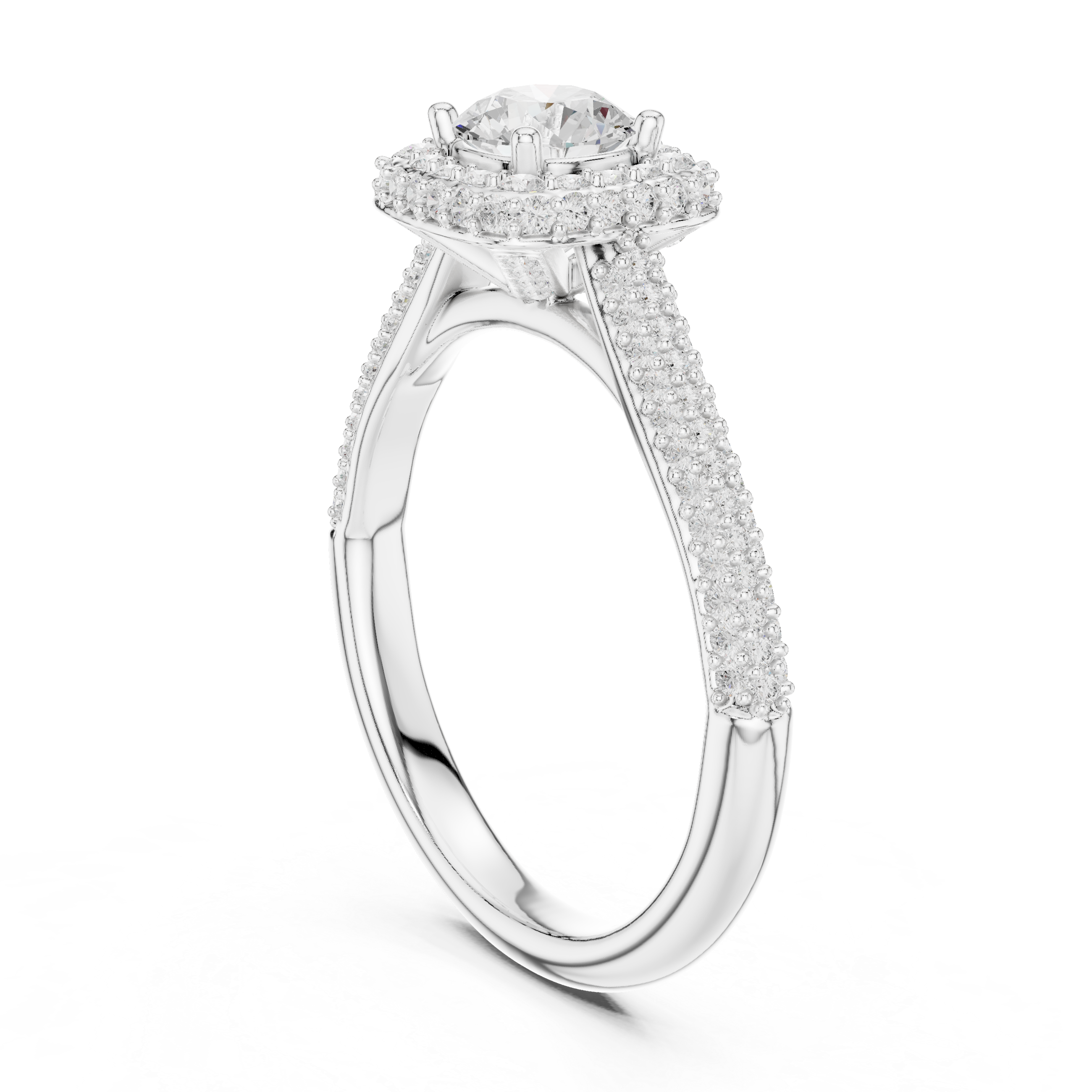 Bridal Double Halo Diamond Ring, Round Cut White Gold Ring, Pave Band Engagement Ring, Anniversary Gift Idea