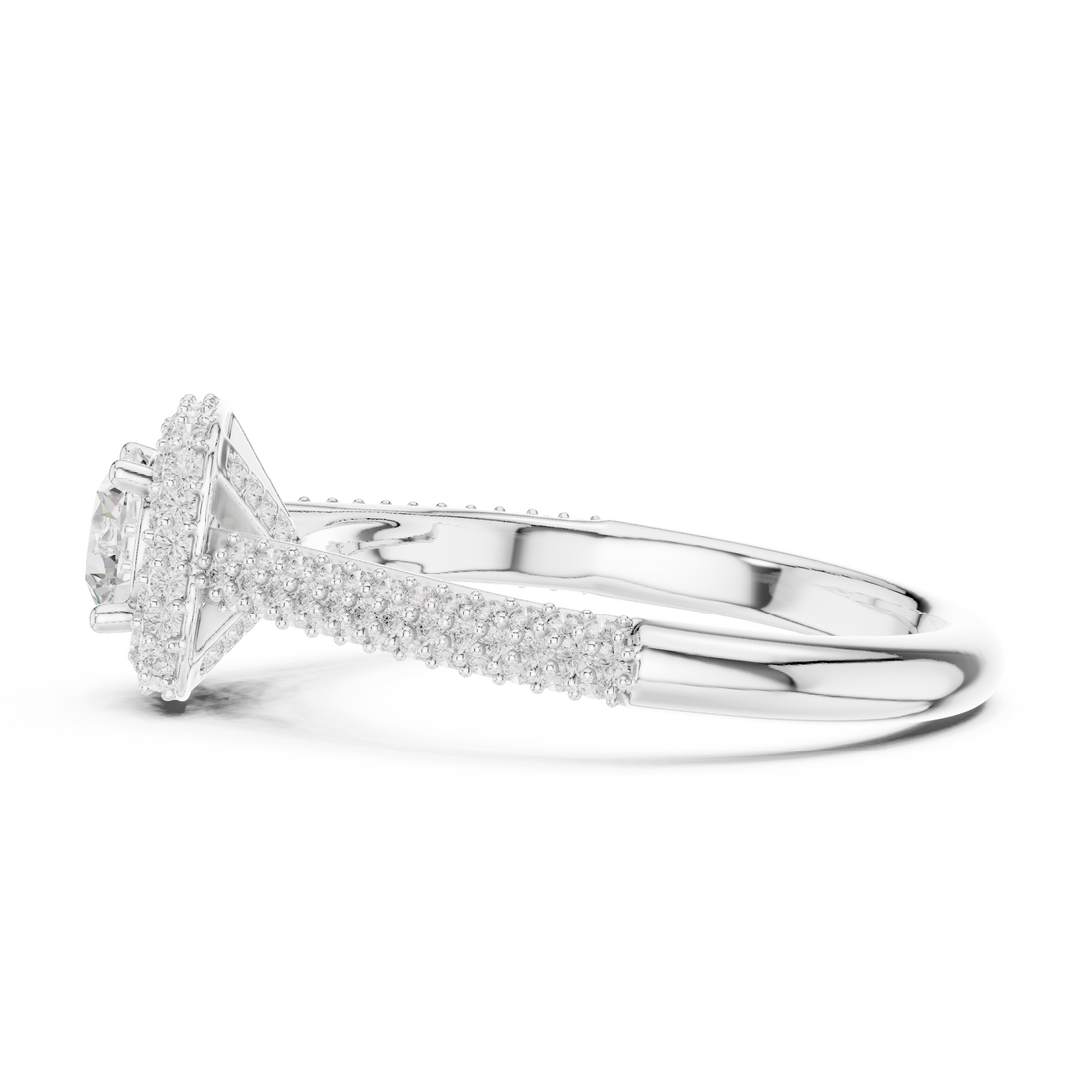 Bridal Double Halo Diamond Ring, Round Cut White Gold Ring, Pave Band Engagement Ring, Anniversary Gift Idea