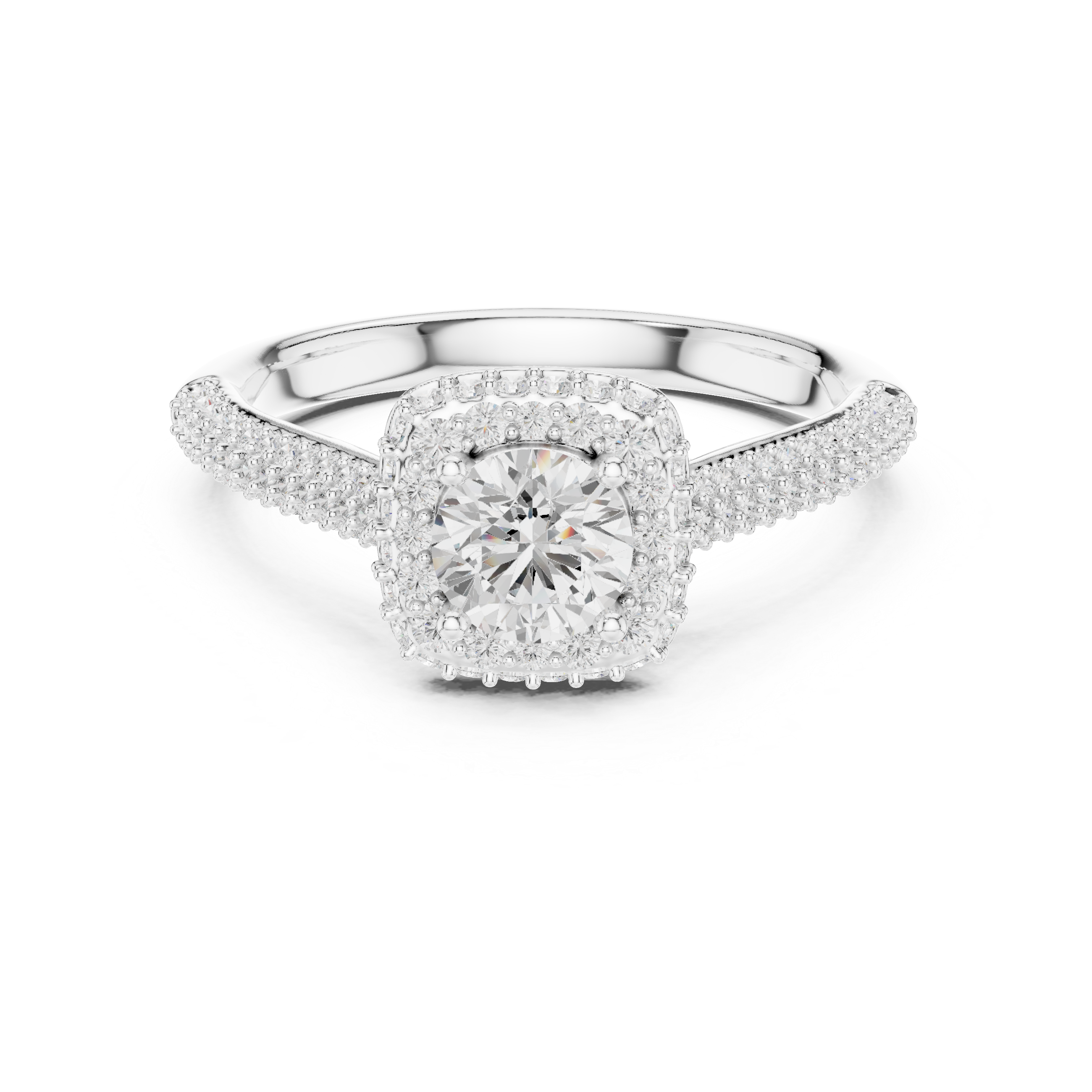 Bridal Double Halo Diamond Ring, Round Cut White Gold Ring, Pave Band Engagement Ring, Anniversary Gift Idea