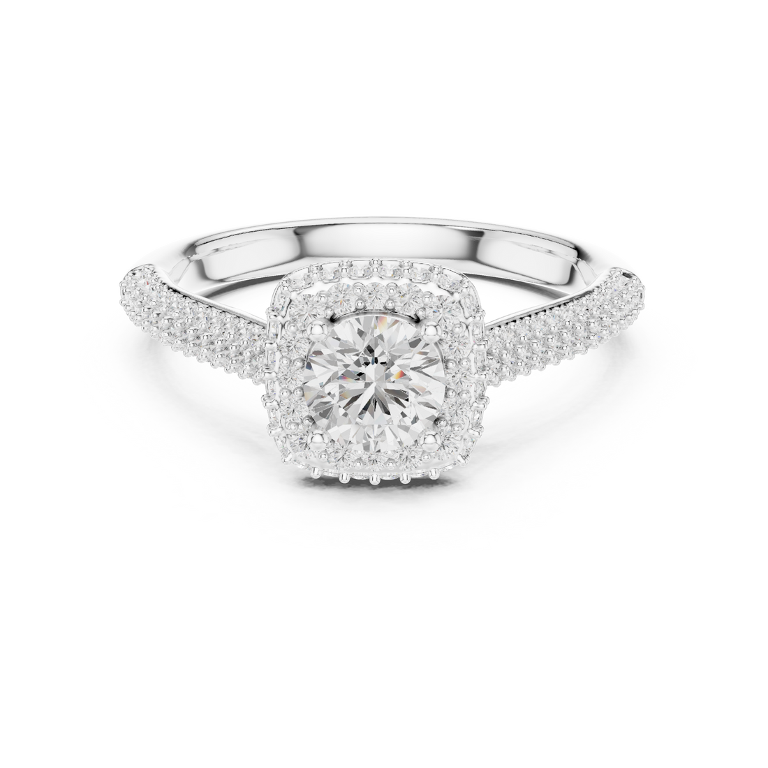 Bridal Double Halo Diamond Ring, Round Cut White Gold Ring, Pave Band Engagement Ring, Anniversary Gift Idea