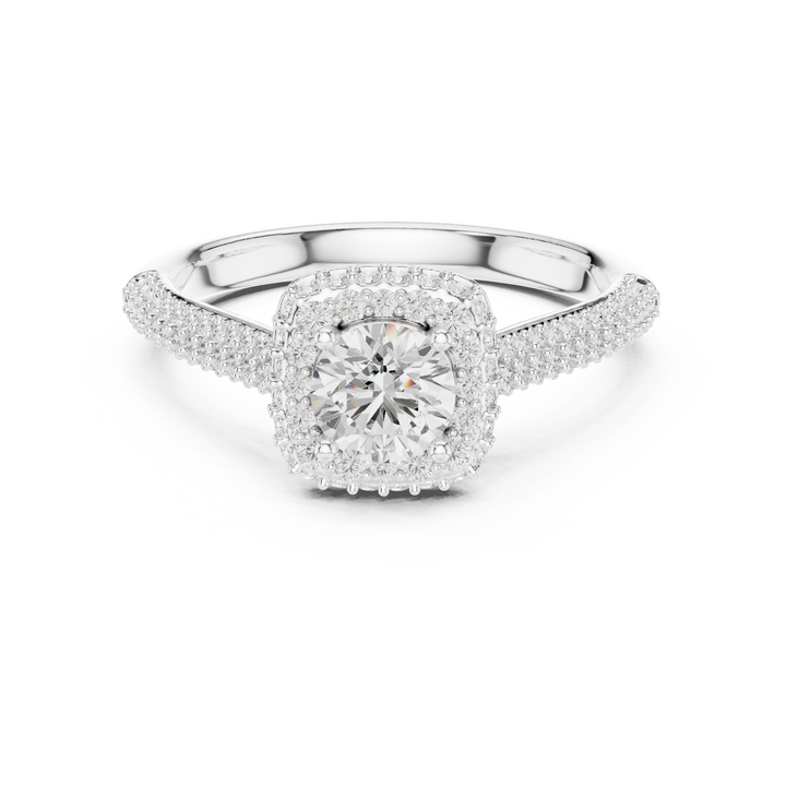 Bridal Double Halo Diamond Ring, Round Cut White Gold Ring, Pave Band Engagement Ring, Anniversary Gift Idea